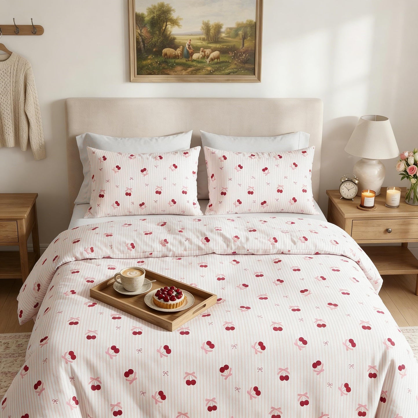 Sedefen Pink Bow Duvet Cover Queen Size Cherry Red Striped Duvet Cover Set Bows Cherries Printed on White Stripe Reversible Bedding Set 3 Pcs with 2 Pillowcases Gift for Women Girls