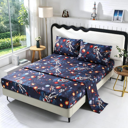 SDY 4 Pieces Space Sheets Set Full,Space Bedding with 1 Deep Pocket Fitted Sheet & 1 Top Flat Sheet & 2 Pillowcases for Kids Teens Boys Children Toddler