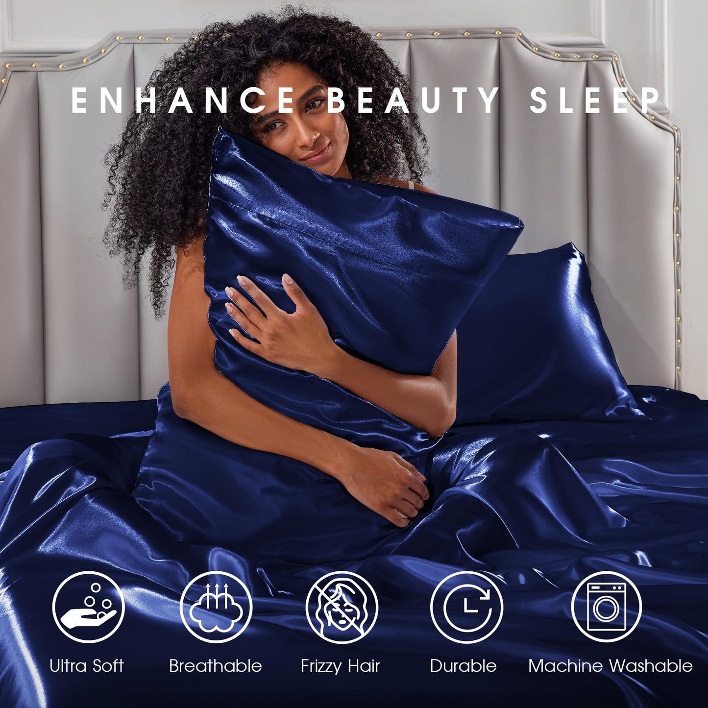 FreshCulture Satin Sheets Full Size - 4 Piece Luxury Soft Silky Full Size Bed Sheets, Similar to Silk Bed Sheet Set with 1 Deep Pocket Fitted Sheet, 1 Flat Sheet & 2 Pillowcases (Navy)