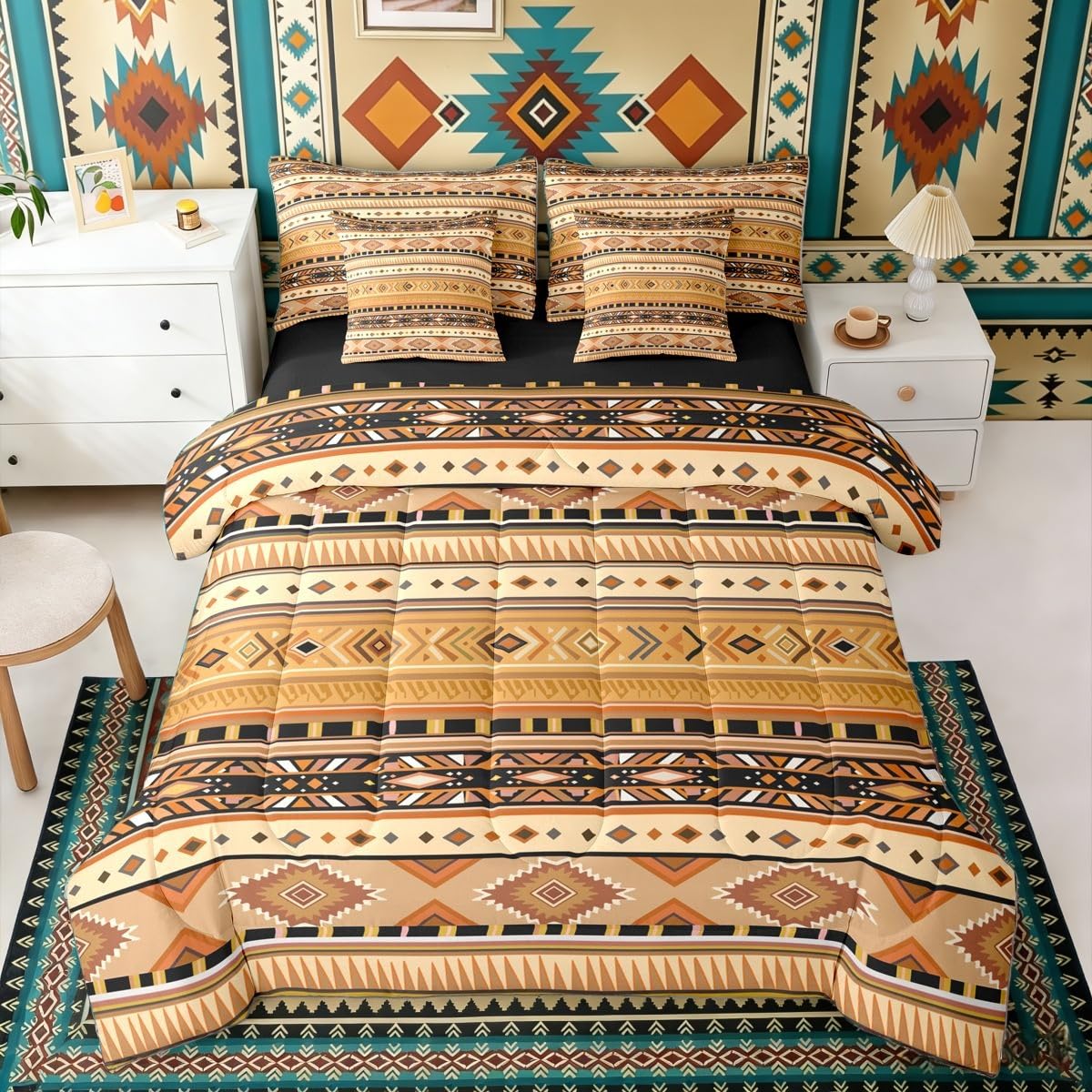 Erosebridal White Brown Aztec Southwestern Full Comforter Set 7 Pieces | Cowboy Farmhouse Bed in A Bag for Bedroom Tribal Bohemian Bedding Set with Comforters Cowgirl Adults Room Decor