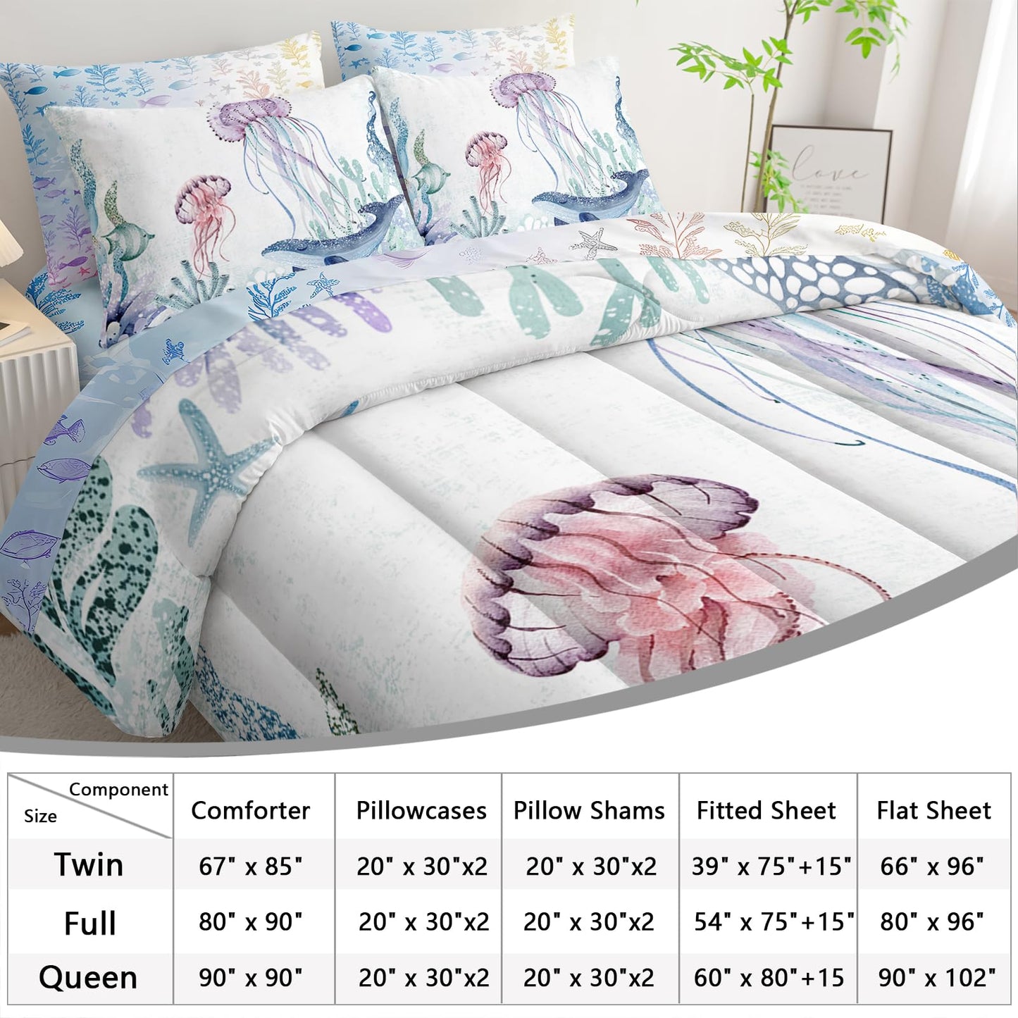 AILONEN Blue Jellyfish Kids Comforter Set Twin Size,7-Piece Soft Bed in a Bag, Teal Blue Ocean Beach Coastal Comforter & Fitted Sheet & Flat Sheet & 2 Pillowcases,2 Pillow Shams