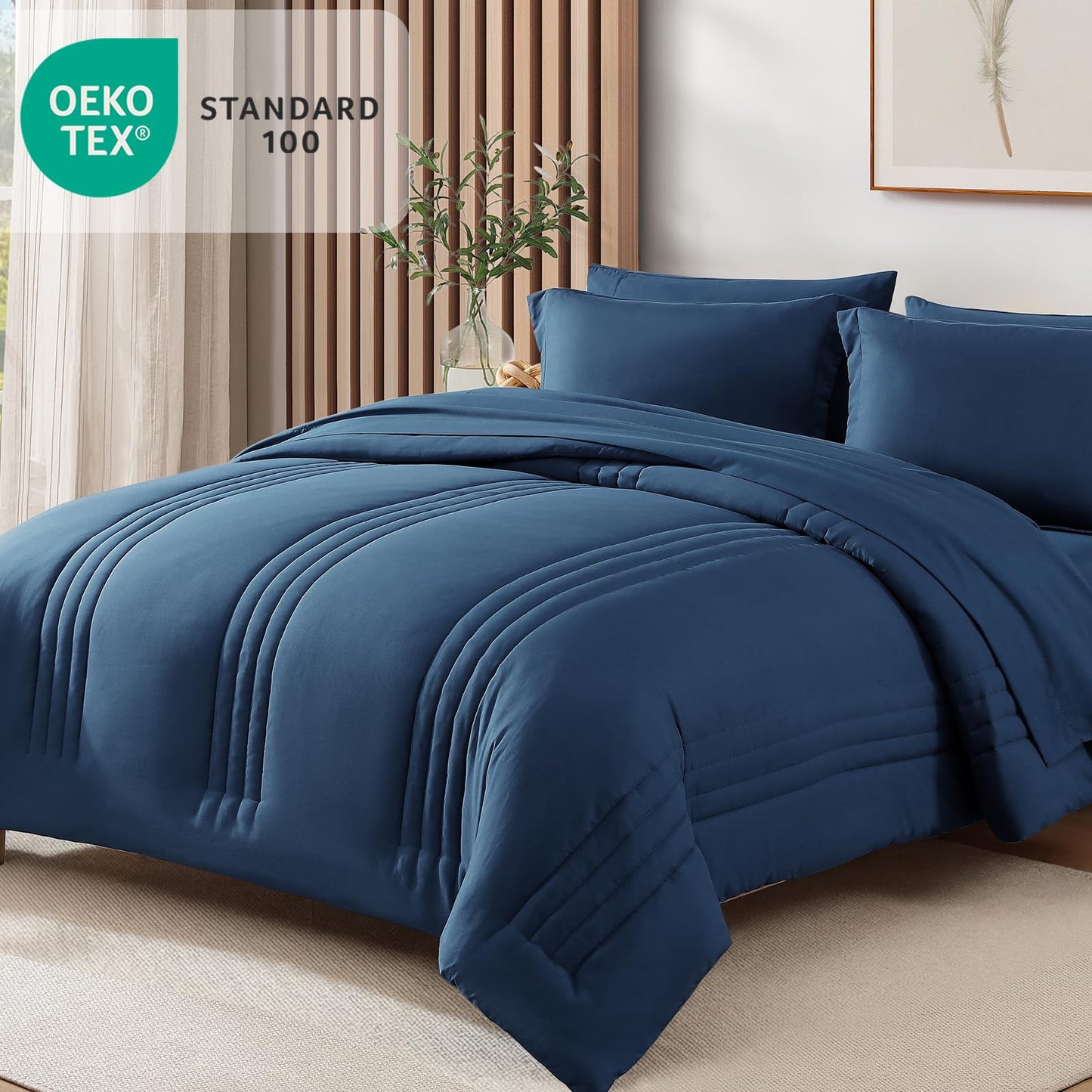 Monbix Queen Comforter Set - 7 Pieces Serenity Blue Bed in a Bag, Queen Size Bedding Sets with Comforters, All Seasons Comforter with Sheets,Pillowcases & Shams