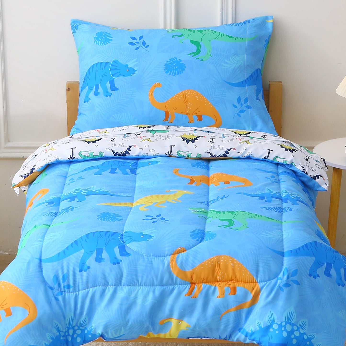 Viviland Blue Dinosaur Toddler Comforter Sets, Cute Girls Toddler Bedding Set, Soft Microfiber Toddler Bed Set