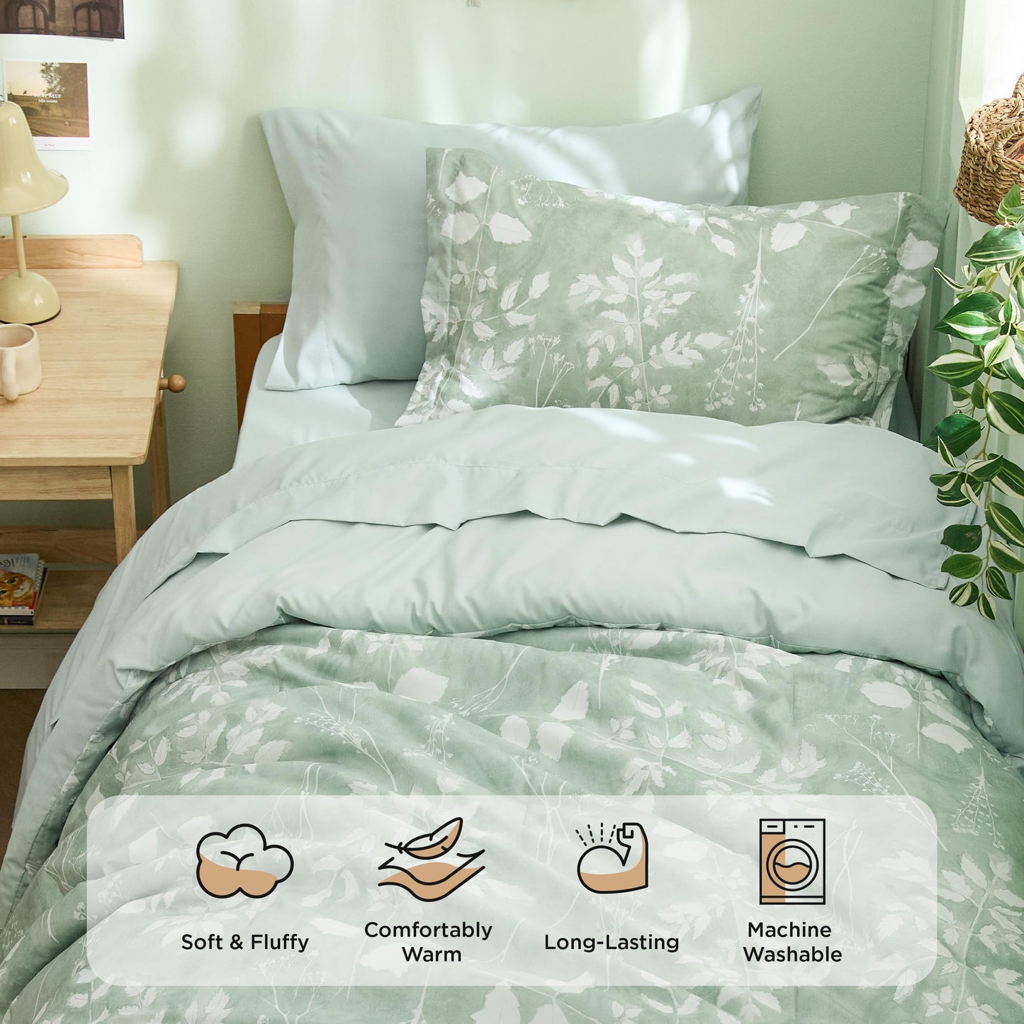 Bedsure Sage Green Twin XL Comforter Set - 5 Pieces Floral Bedding Sets Twin XL Bed in a Bag with Reversible Botanical Flowers Comforter, Sheets, Pillowcase & Sham