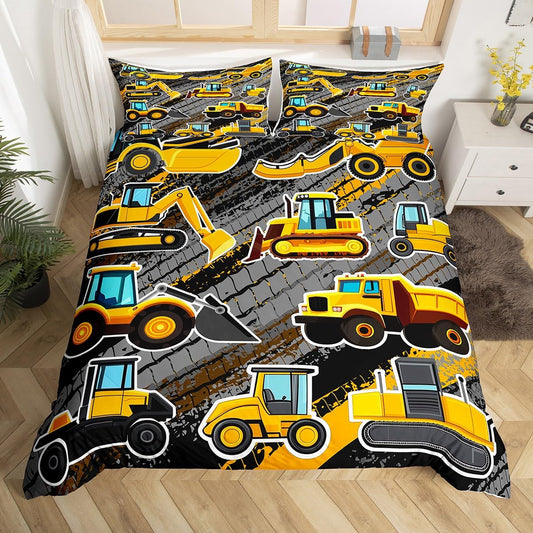 Equipment Trucks Comforter Cover Set, Excavators Bedding Set Full, Yellow Vehicle Duvet Cover for Child Kids Children Boys Teens Construction Tractor Construction Site Car Beddings for Bedroom Decor