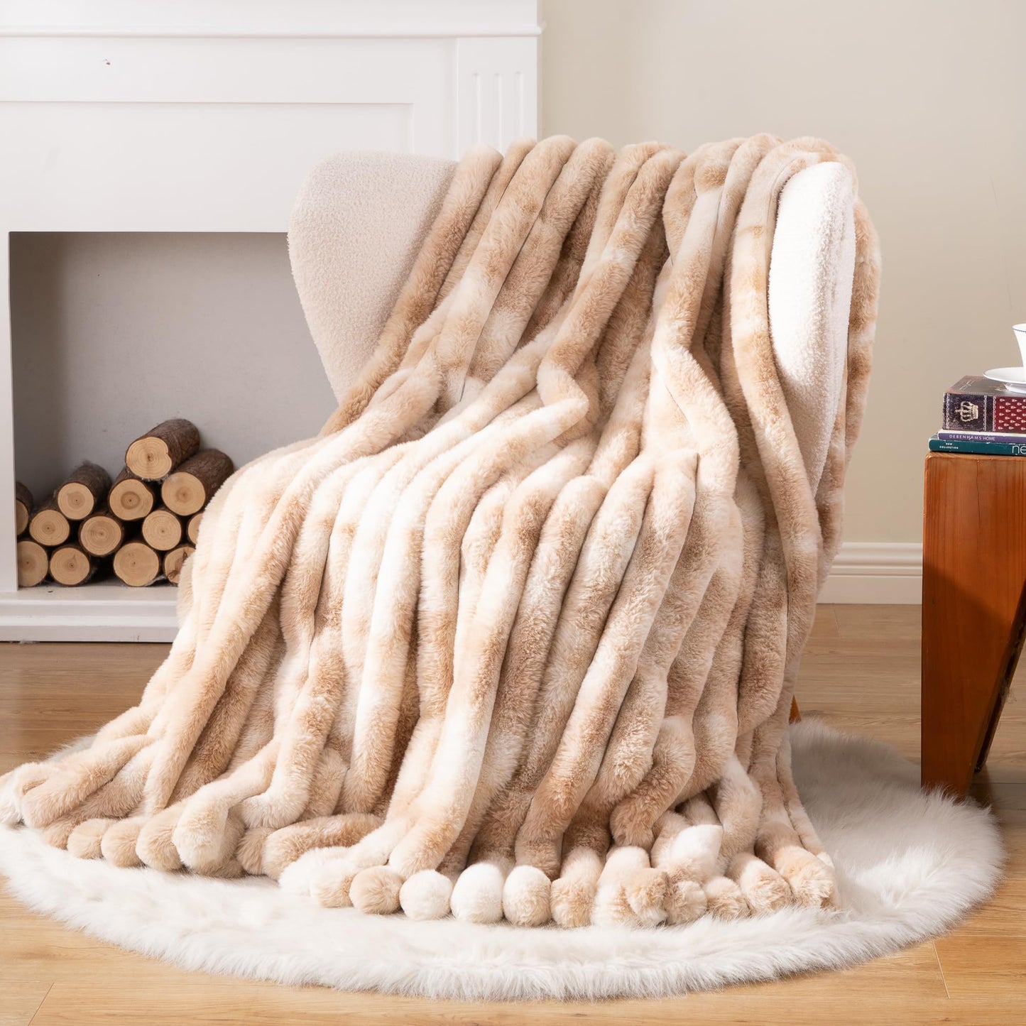 Battilo Beige Throw Blanket for Couch, Cozy Warm Plush Striped Rabbit Fur Throw Blanket for Bed, Super Soft Fuzzy Faux Fur Blanket for Living Room Bedroom, Home Decor & Gifts, 50"x60"