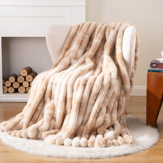 Battilo Beige Throw Blanket for Couch, Cozy Warm Plush Striped Rabbit Fur Throw Blanket for Bed, Super Soft Fuzzy Faux Fur Blanket for Living Room Bedroom, Home Decor & Gifts, 50"x60"