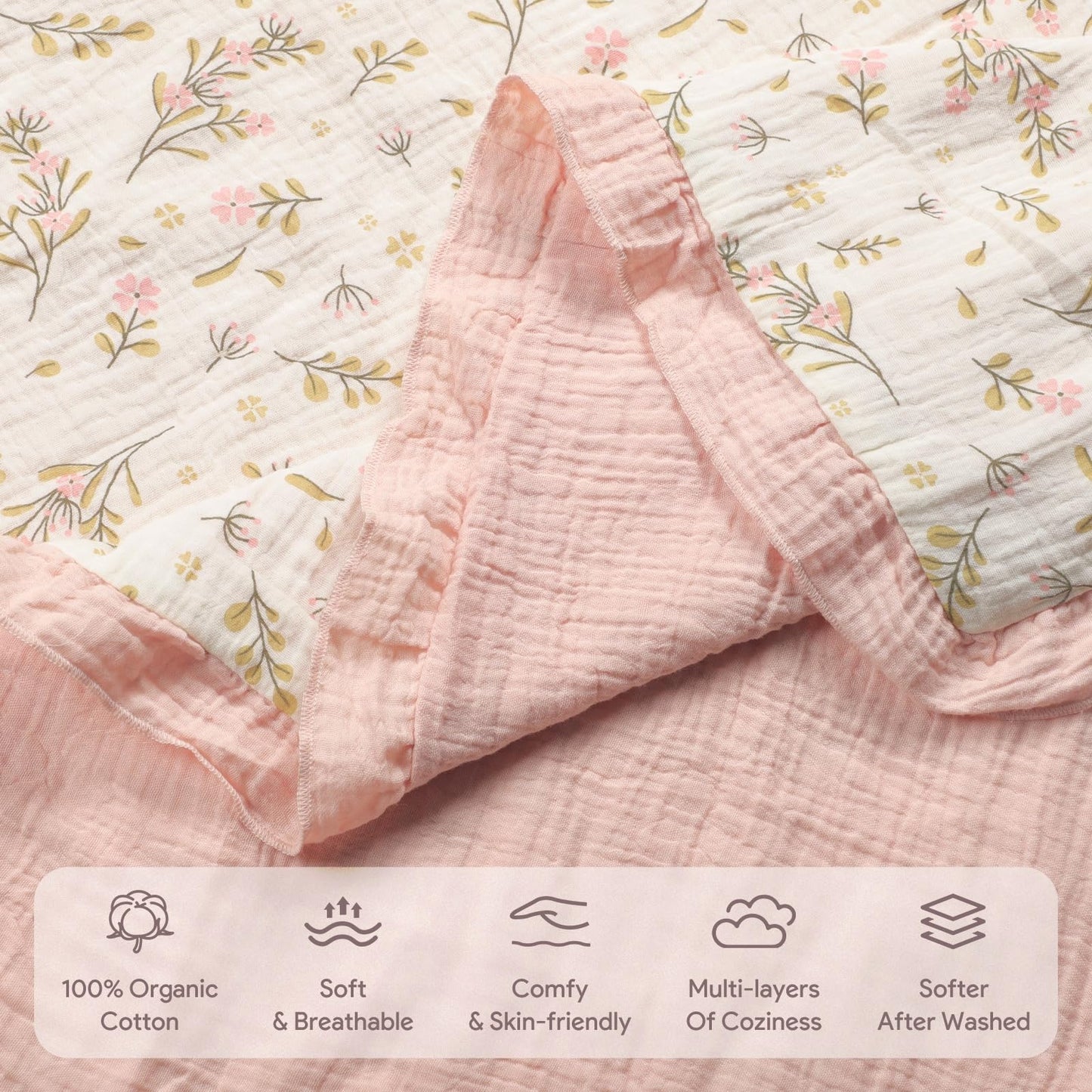 Organic Baby Blanket Flounce Edge Large 50"x43" Floral, 100% Muslin Cotton Super Soft Breathable Toddler Quilt Crib Blankets Gender Neutral for Baby Boys and Girls Bassinet, Bed, Stroller & Snuggling