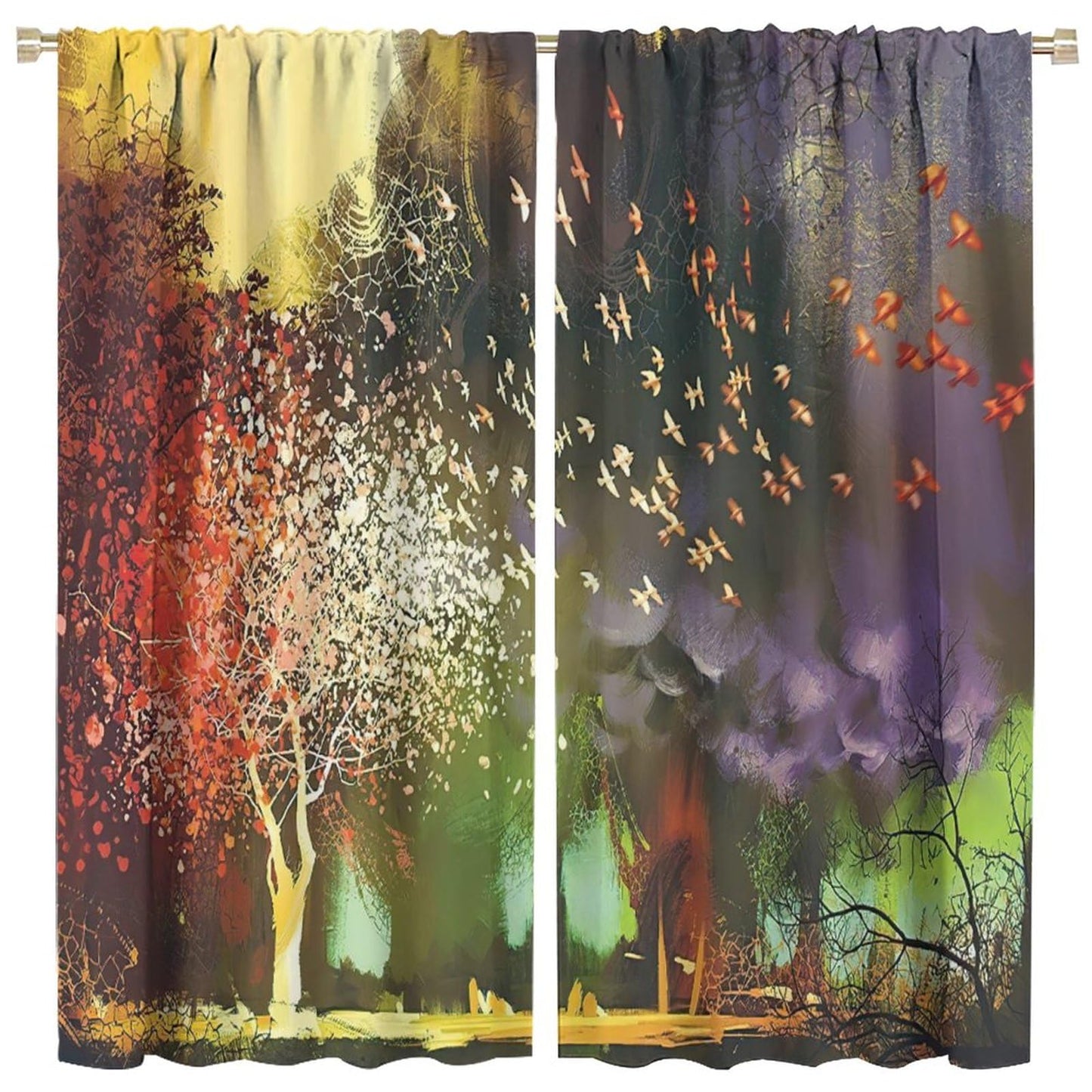 Fantasy Forest Blackout Window Curtain, Forest with Mysterious Trees and Birds Supernatural Vivid Wo for Girls Boys Living Room Bedroom Decor Window Drapes 2 Panels 42x45 Inch