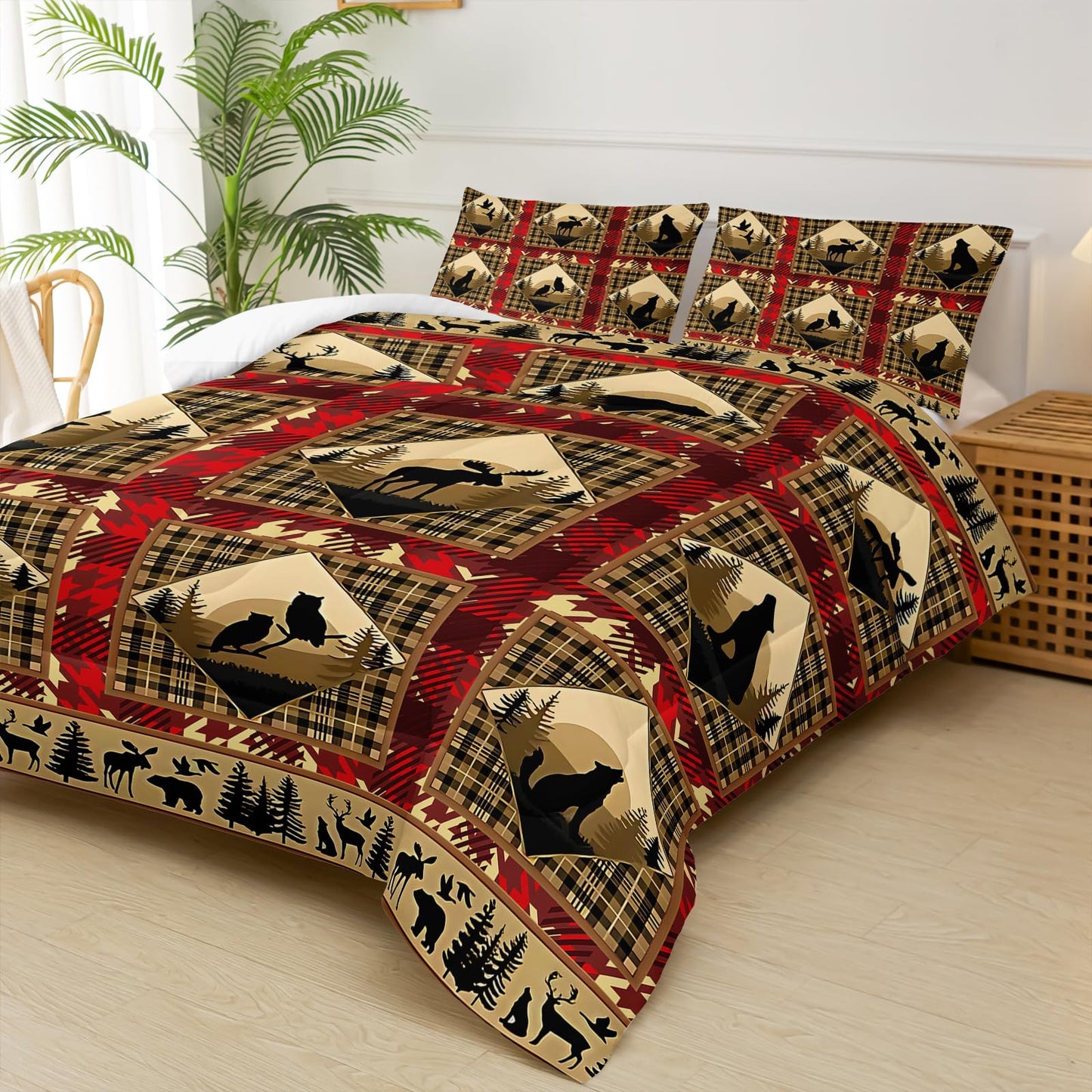 lneffble Red and Black Plaid Comforter Set Twin，Twin Size Bedding Set Animal Print，Rustic Farmhouse Quilt Bedding Sets Twin，with 1 Comforter with 2 Pillow Case