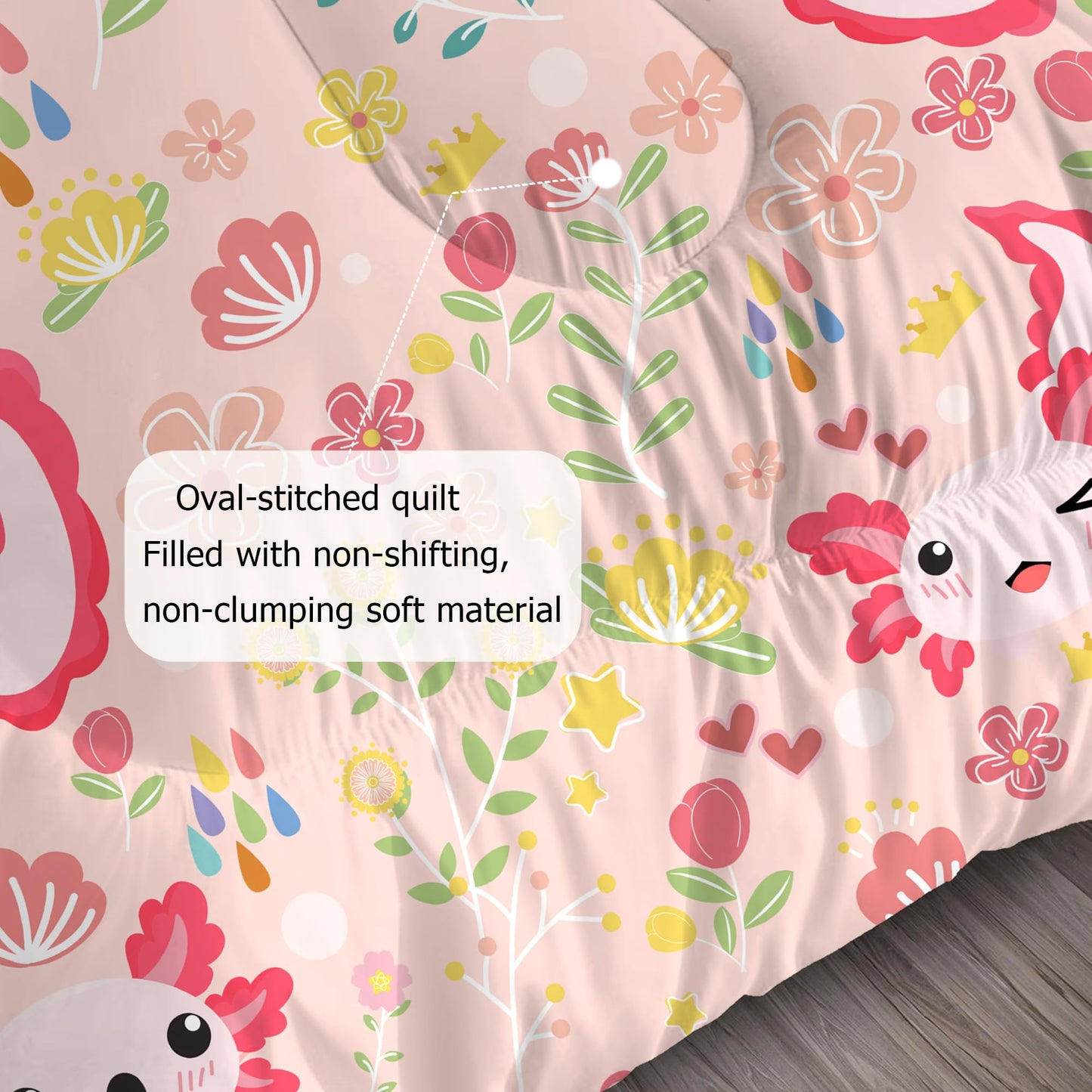 EDGZKO Axolotl Comforter Set Full Size Pink Floral Axolotl Bedding Sets for Kids Girls Teens Bedroom Cute Cartoon Flowers Bed Set 1 Comforter & 2 Pillowcases