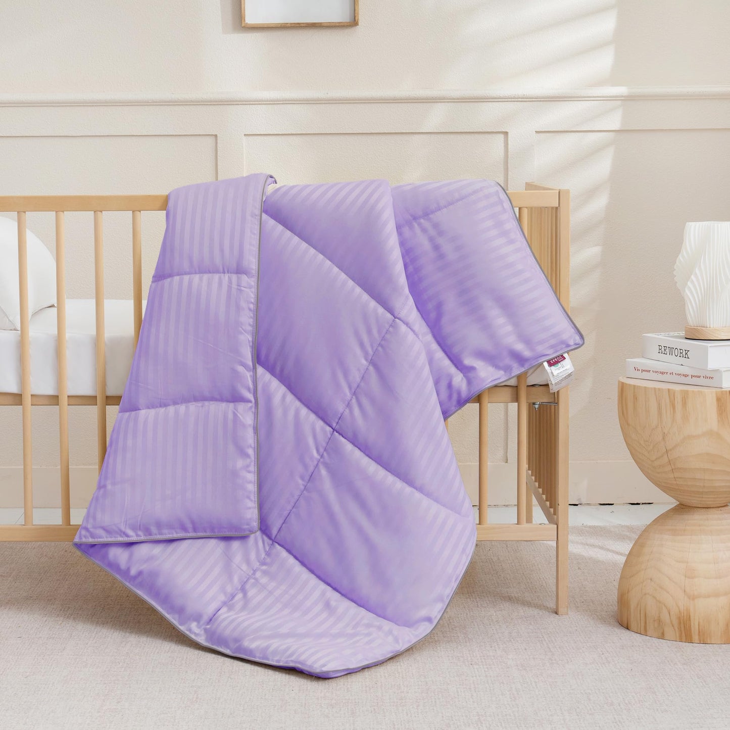 ZPECC Toddler Down Alternative Comforter, 39x47 Hypoallergenic Baby Blanket Quilt, Soft Breathable Lightweight All Season Kids Duvet Insert for Crib Stroller Cot Daycare, Purple Stripe