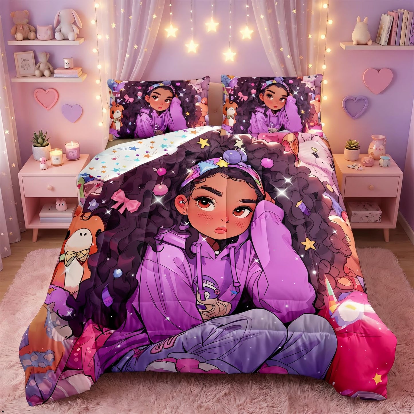 Erosebridal Black Girls Bedding Set Afro Girl Twin Comforter Set for Girls,American African Princess Magical Quilt for Toddler Kids Teenager,Kawaii Room Decor,Purple