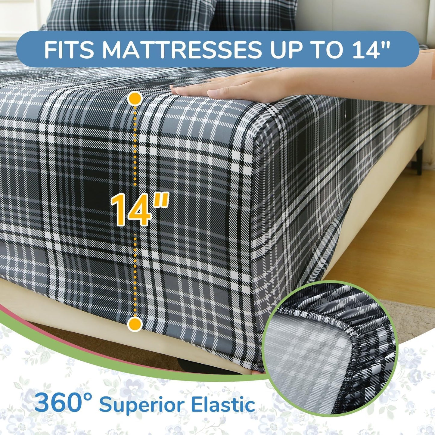 MUXHOMO Queen Size 4 Piece Sheet Set, Soft Breathable Bed Sheet Set for Bedroom with Deep Pocket Up to 16", Wrinkle-Free & Cooling Bedding for Oeko-TEX Certified - Black/White Plaid