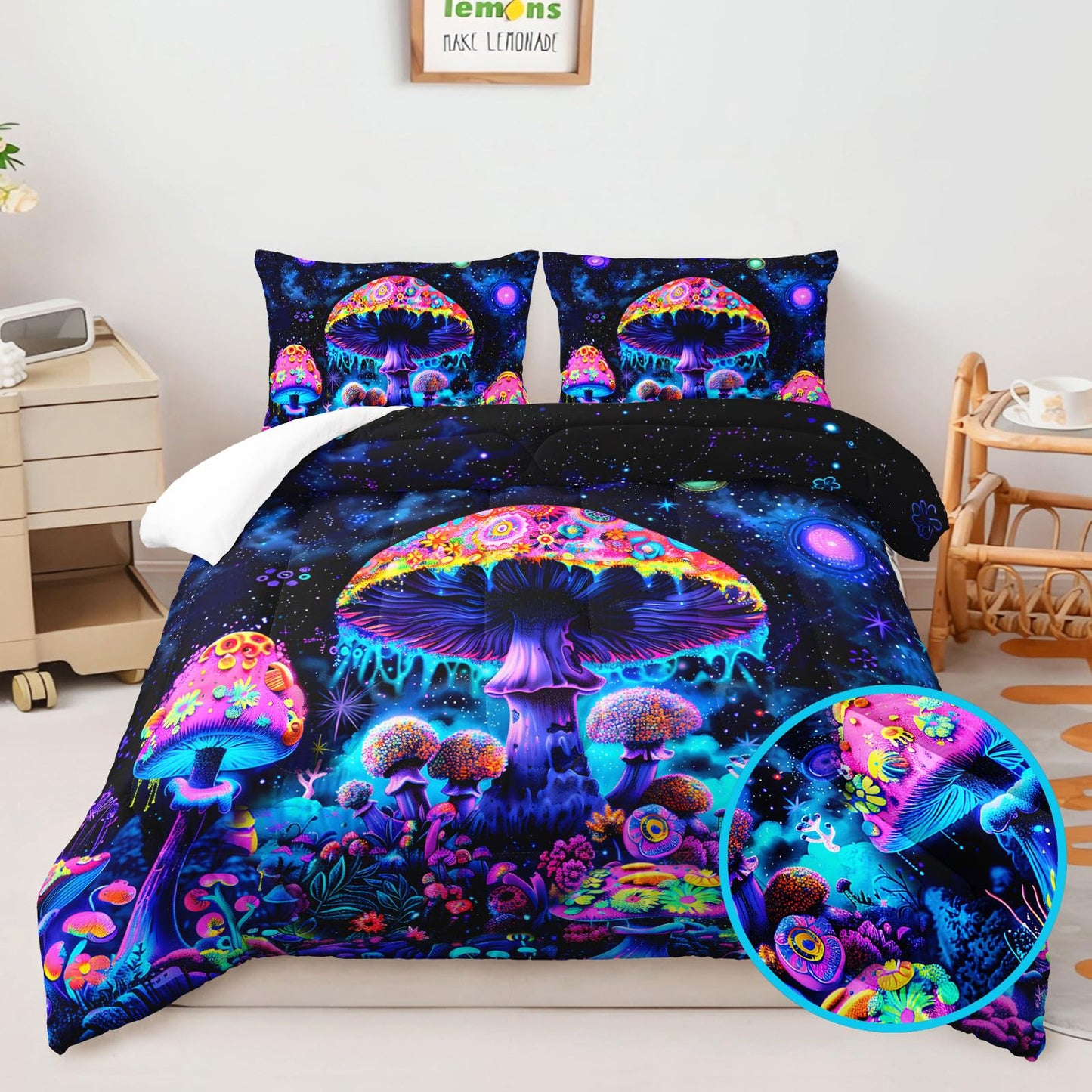 AILONEN Cartoon Mushroom Comforter Set Queen Size, Black Starry Purple Magic Mushroom Bedding Set,3Pcs Plant Fungus Comforter with 2 Pillowcases