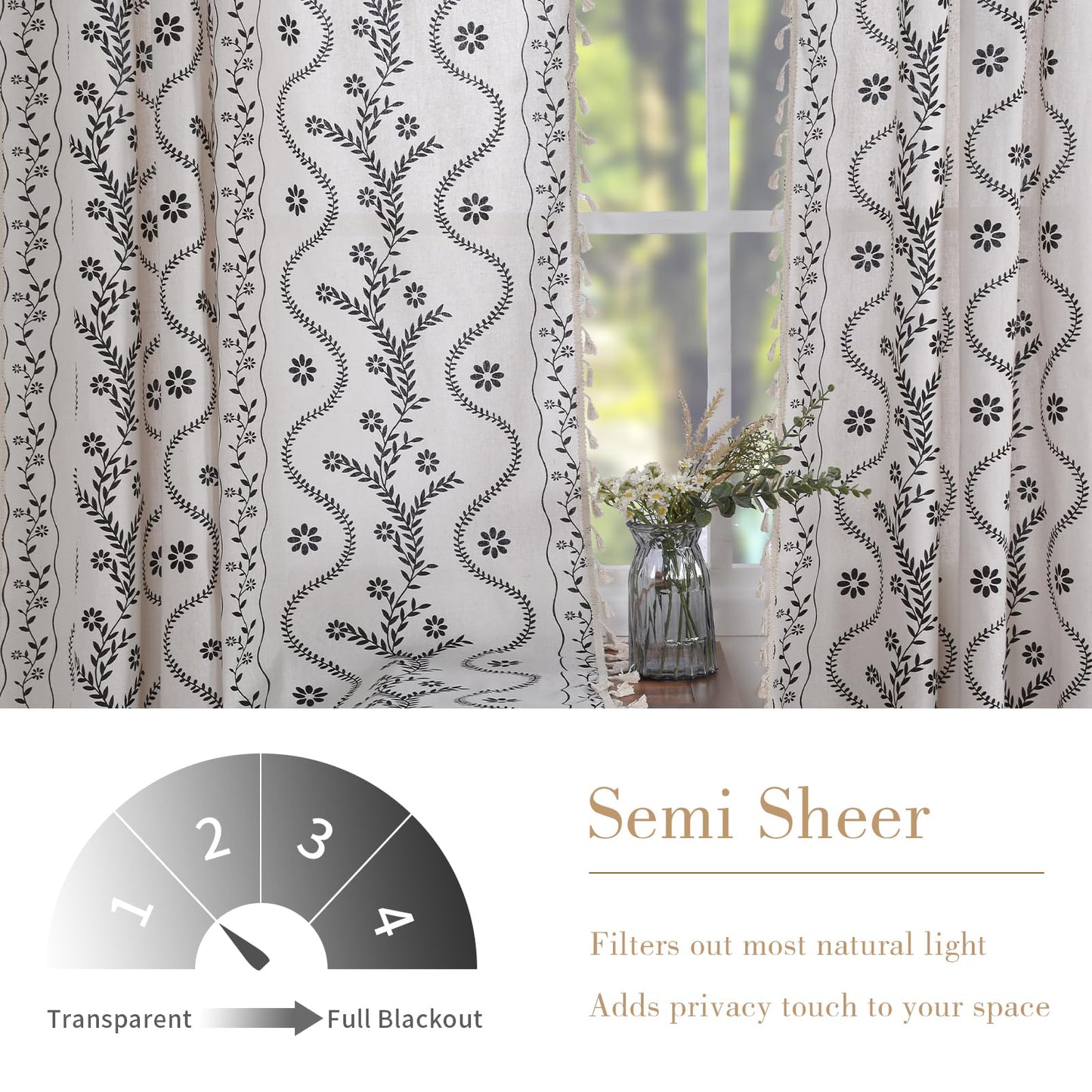 Boho Curtains 2 Panels Set, Farmhouse Linen Semi Sheer Floral Curtains for Living Room, 84 Inches Long Vintage Printed Patterned Curtain with Tassels Rustic Country Curtain Drapes