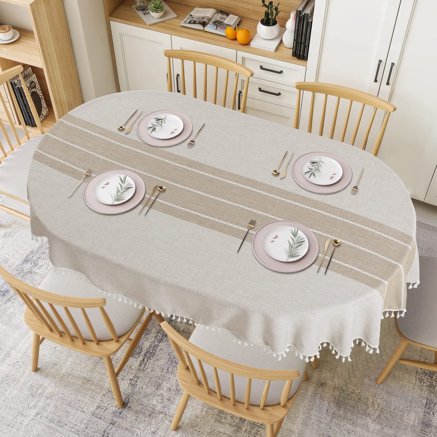 HOMBYS Solid Embroidery Oval Tablecloth with Tassels for Oval Table, 60 x 84 Inch Lace Dust-Proof Table Cover for Kitchen Dinning, Wrinkle Free Anti-Fading Tabletop Decoration