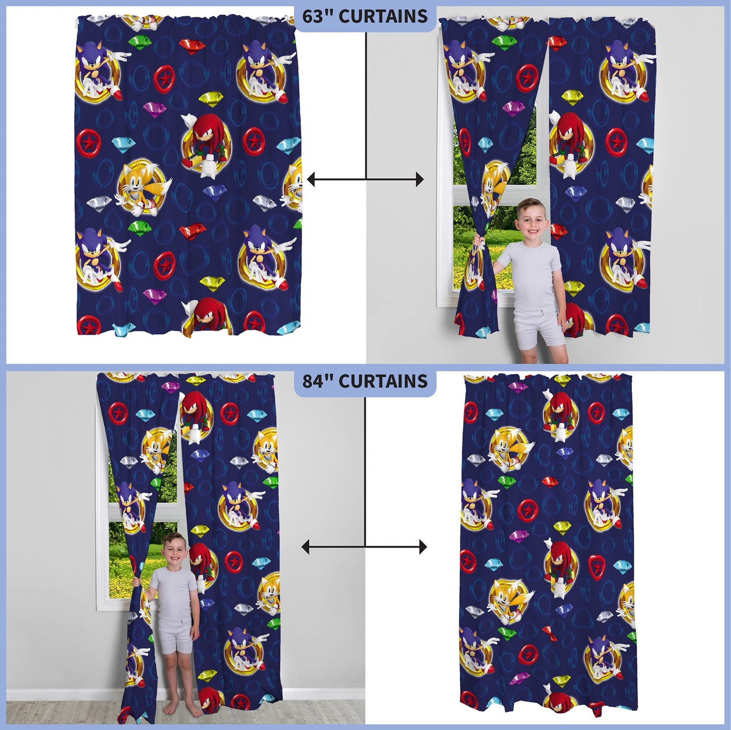 Sonic the Hedgehog Kids Window Curtains, 84 Inch Length 2-Panel Set, Semi Light Filtering Drapes for Bedroom & Playroom, (Officially Licensed Product) by Franco