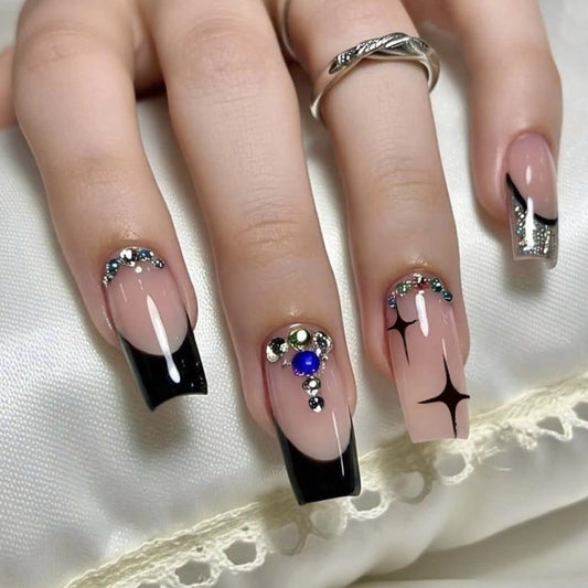 MERVF Press on Nails Long Square, Black French Tip Fake Nails Rhinestones Charms Glue ons Star Design Acrylic Nail Luxury Glossy 24pcs