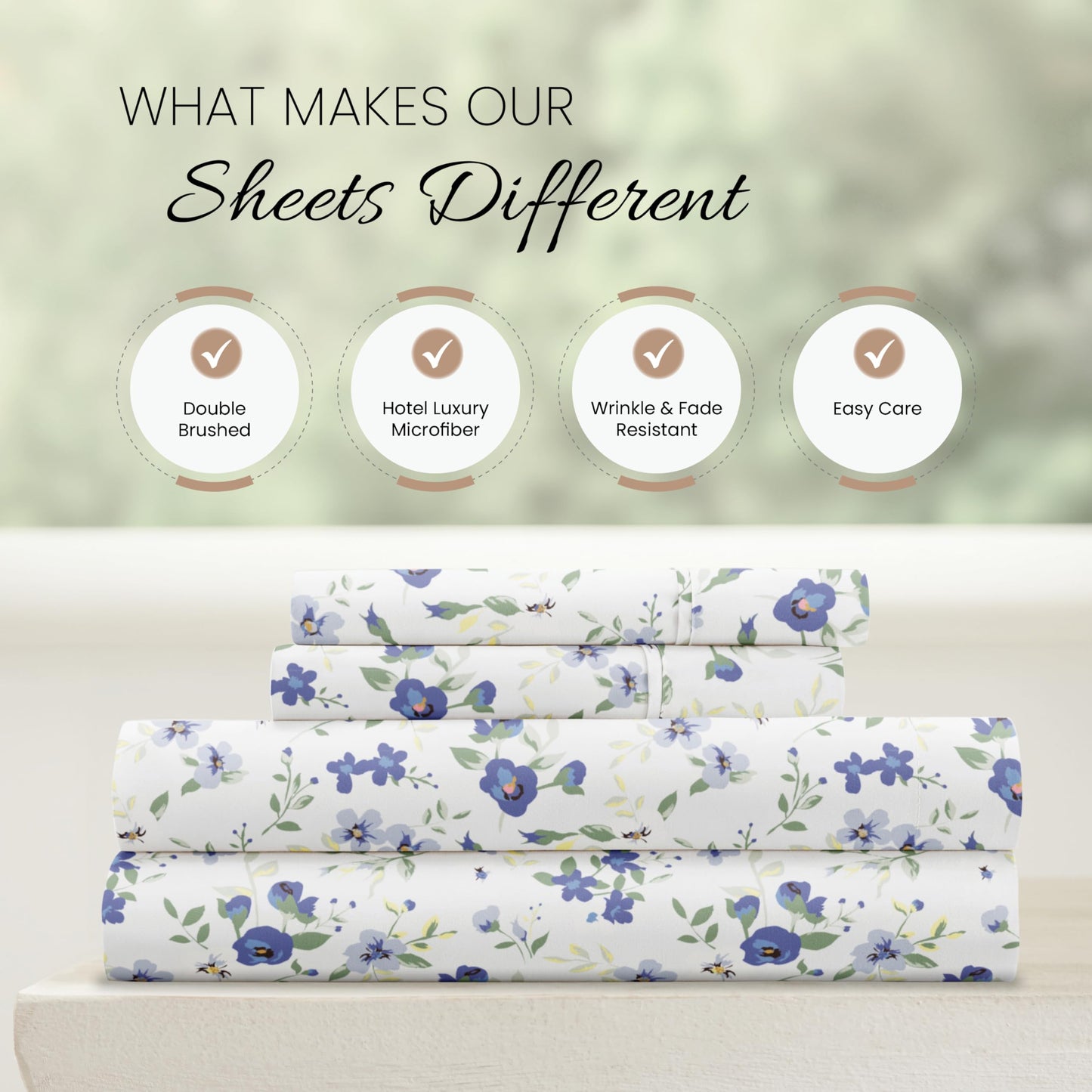 Linen Market 4 Piece Queen Sheet Set - Breathable, Double-Brushed Patterned Cooling Sheets – Ultra Soft & Wrinkle-Free 16" Deep-Pocket Queen Sheets - Easy Care Blossoms Light Blue