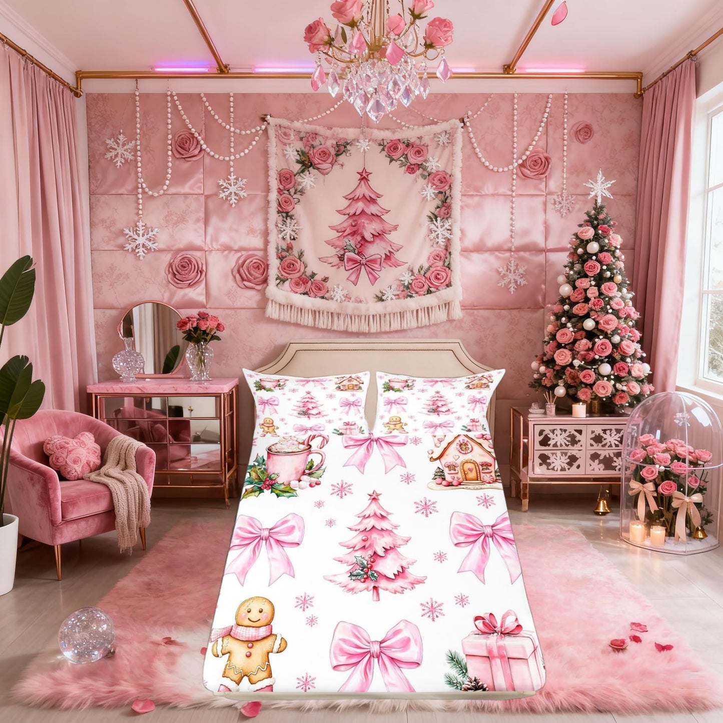 Merry Christmas Kids Full Size Fitted Sheet,Bowknot Gingerbread Man Xmas Tree Boys Girls Bed Sheets,Poinsettia Snowflake Winter Room Decor,Pink White Bedding Set,2 Pillowcases(No Flat)