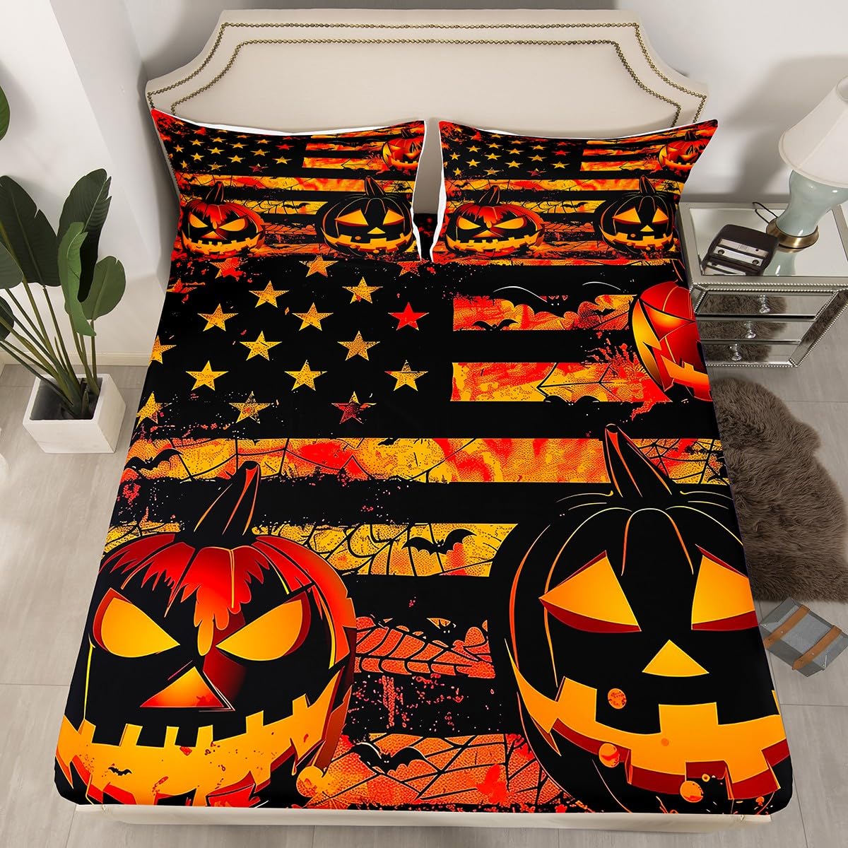 Feelyou Halloween Pumpkin Bed Sheets Set Full Size Halloween Decor Deep Pocket Fitted Sheet American Flag Bedding Sets Gothic Soft Bed Set 4Pcs with 2 Pillow Cases