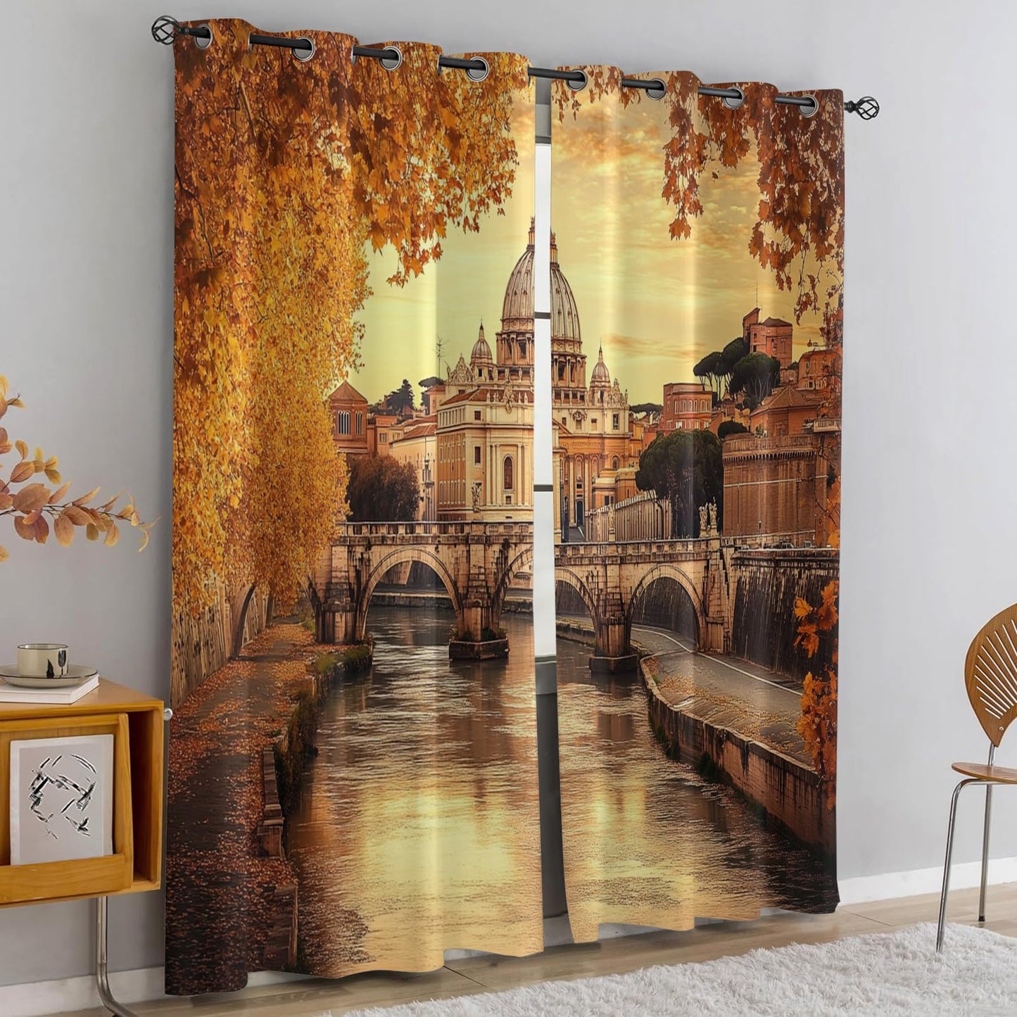 XAFIAUR Castle Blackout Curtains Autumn City View Darkening Grommet Window Drapes European Architecture Print Decor Curtains Apartment Bedroom Living Room 2 Panel Set, 26" W x 63" L x2