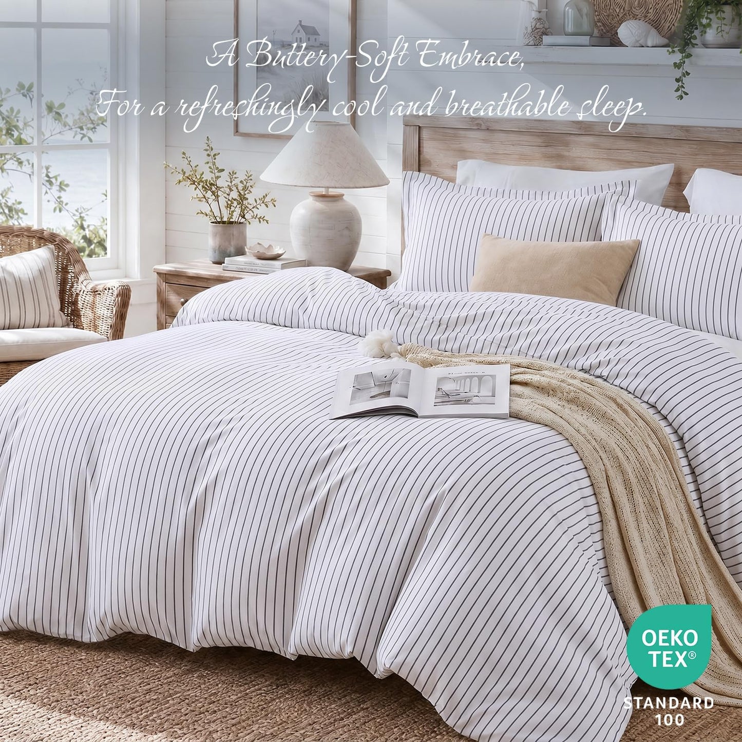 JOLLYVOGUE Striped Duvet Cover Queen, White Duvet Cover with Grey Stripes