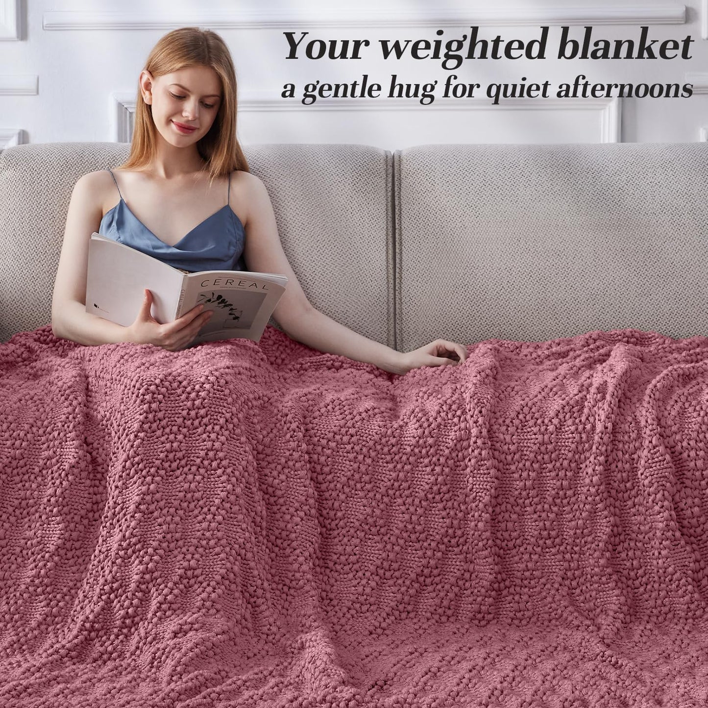 Anysay Knitted Weighted Blanket for Adult, Chunky Knit Weighted Throw for Sleep 60"*80" 20lbs, Cooling Breathable Machine Washable Heavy Blanket for Room Decor (Pink, Queen)