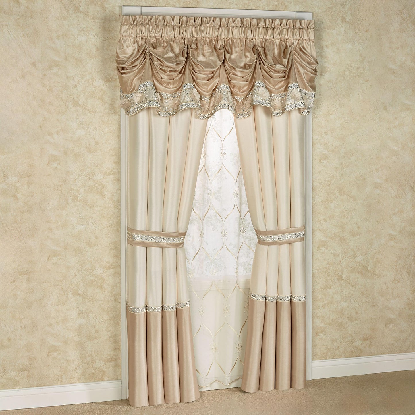 Luxury Elegante Sophisticated Polyester Faux Silk Window Treatment | Light Cream Ivory Metallic Gold | Shimmering Sequins Embroidery Floral | 2 Piece Set with Tuck Valance and 96L Curtain Pair