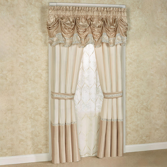 Luxury Elegante Sophisticated Polyester Faux Silk Window Treatment | Light Cream Ivory Metallic Gold | Shimmering Sequins Embroidery Floral | 2 Piece Set with Tuck Valance and 96L Curtain Pair