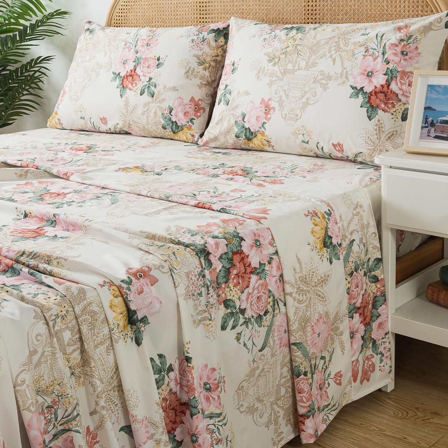 Zusbest- Queen Sheets, Soft 100% Cotton Pink & Cream Floral Bed Sheets,Shabby Vintage Chic Peony Flower Printed Sheets, Breathable Luxury Bedding 4 Piece Deep Pocket Sheets
