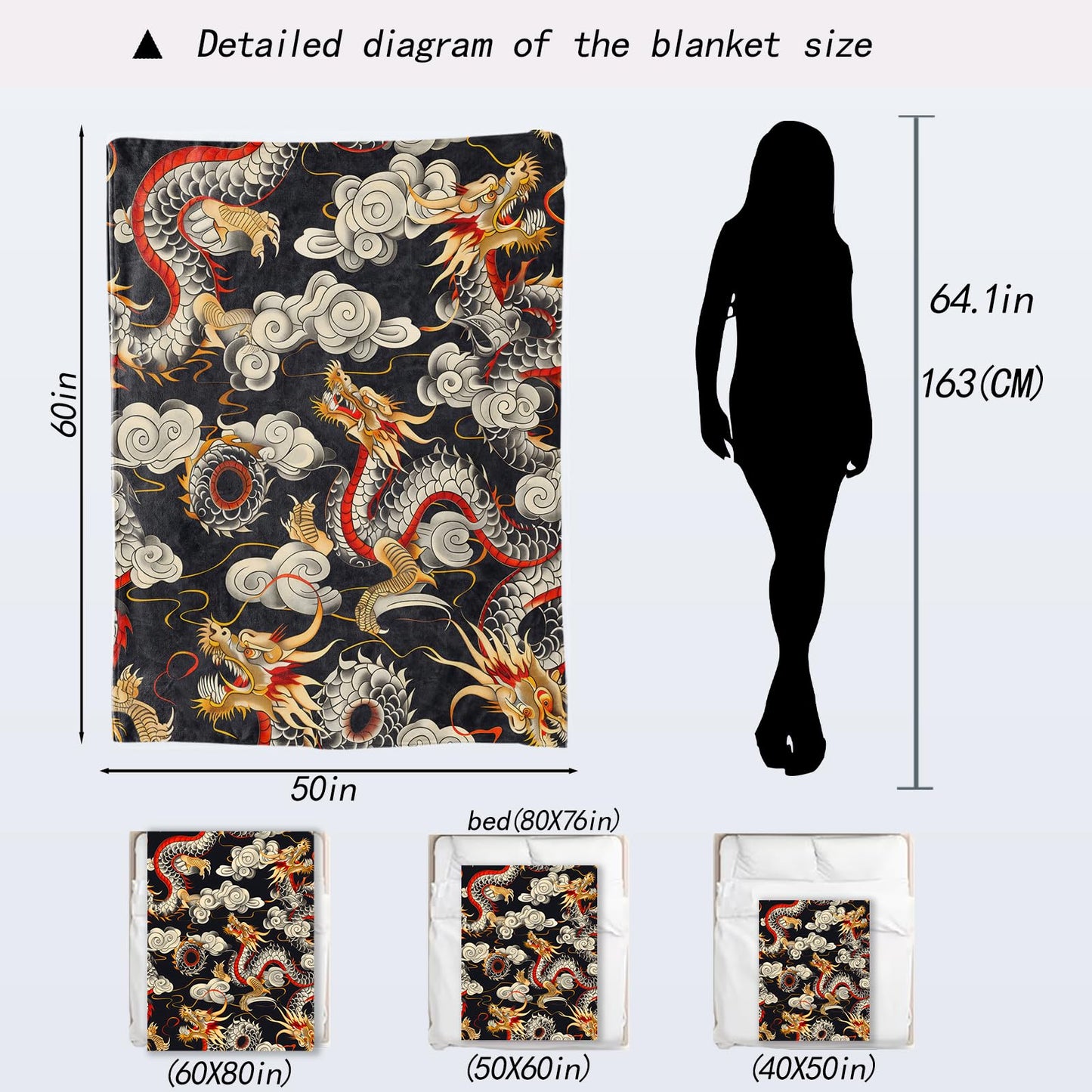 ainori Cool Dragon Blanket - Bold and Mystical Animal Cloud Motifs Fleece Throw,Gifts for Women Men, Soft & Warm,Lightweight, for Couch Bedroom Living Room Asian-Inspired Decor 50x60in