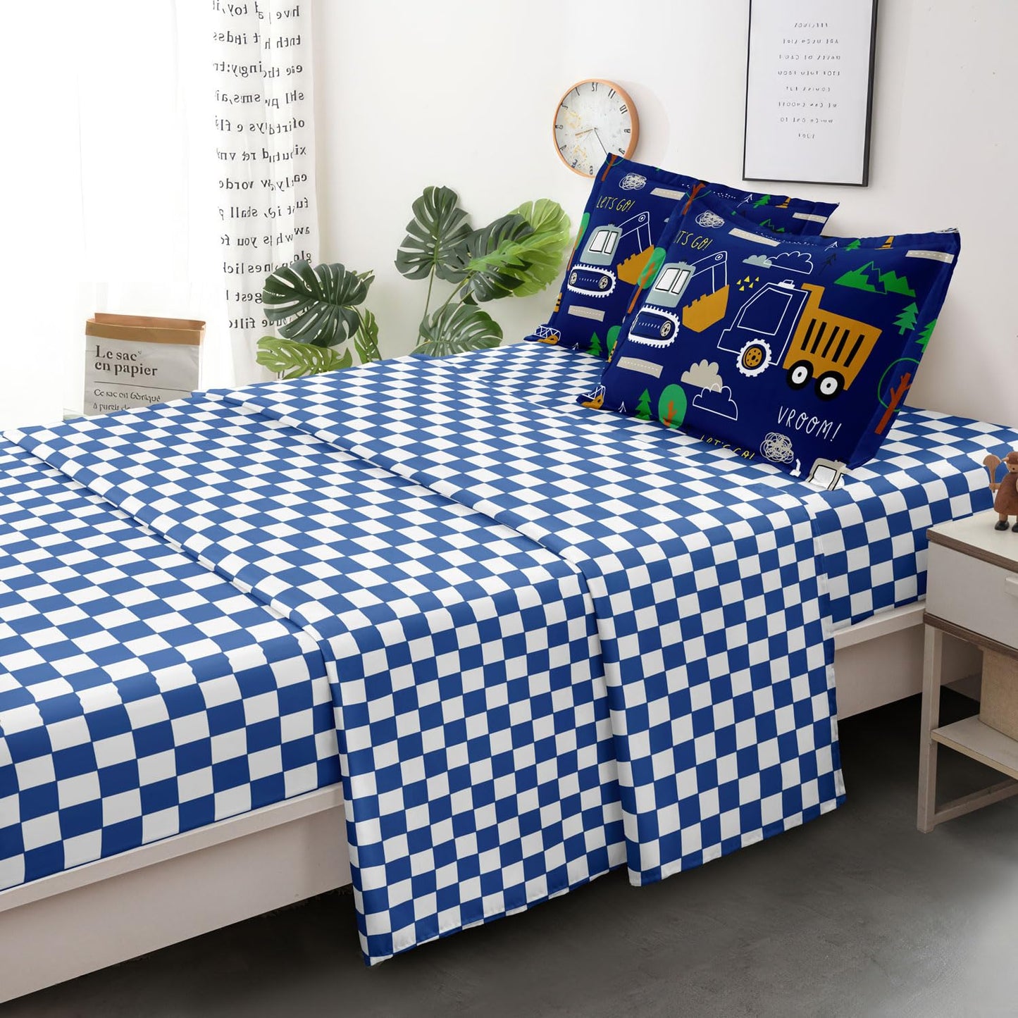 Leaflin Boys Bedding Set Twin Size, 5 Pcs Cartoon Truck Comforter, Blue