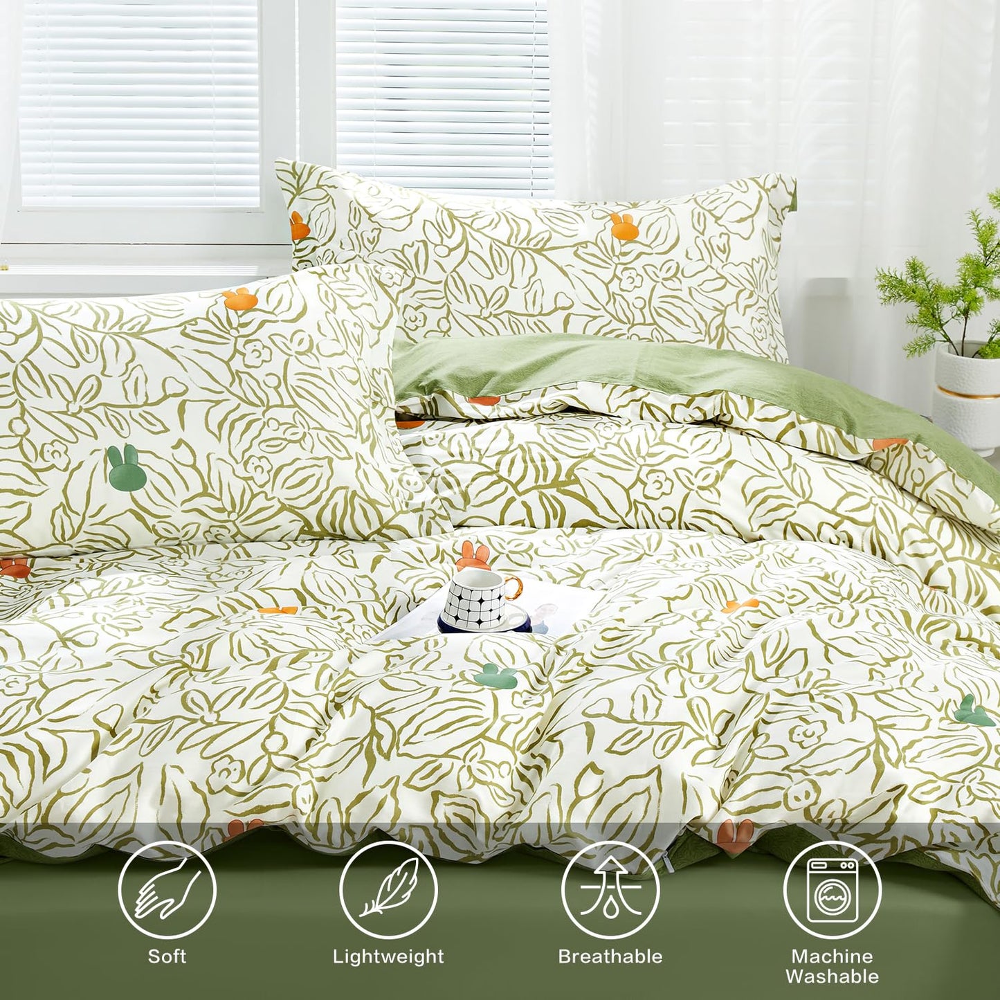 SAPHREAS Green Vine Duvet Cover Full Size Set 3pcs Abstract Botanical Plant Leaves Bedding Comforter Cover Set Garden Style 1 Duvet Cover 2 Pillow Shams, Comforter Not Included