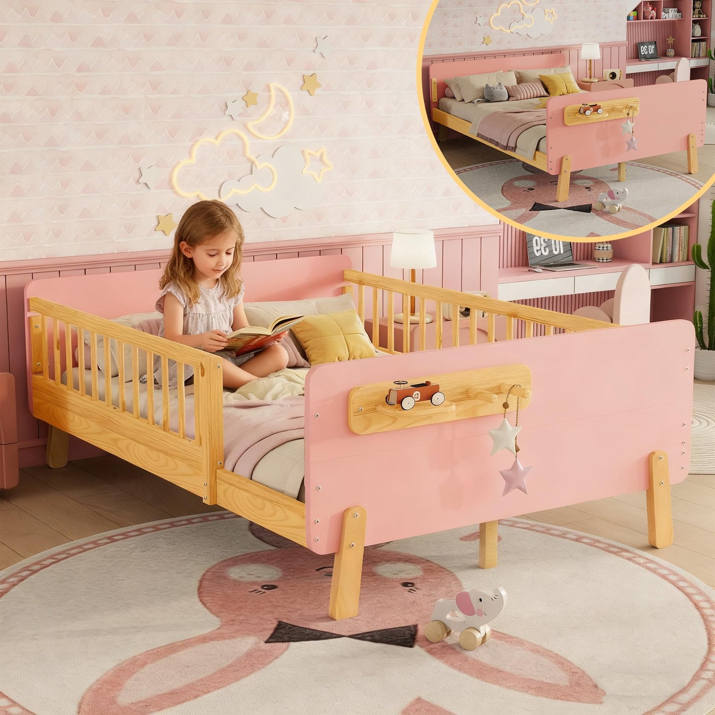 Aurnienofus Full Size Bed Frame with Removable Rails, Montessori Wood Beds with Headboard, Storage Shelf & 2 Hanging Rod, Full Bed Frames Low to Ground for Children Boys Girls, Pink