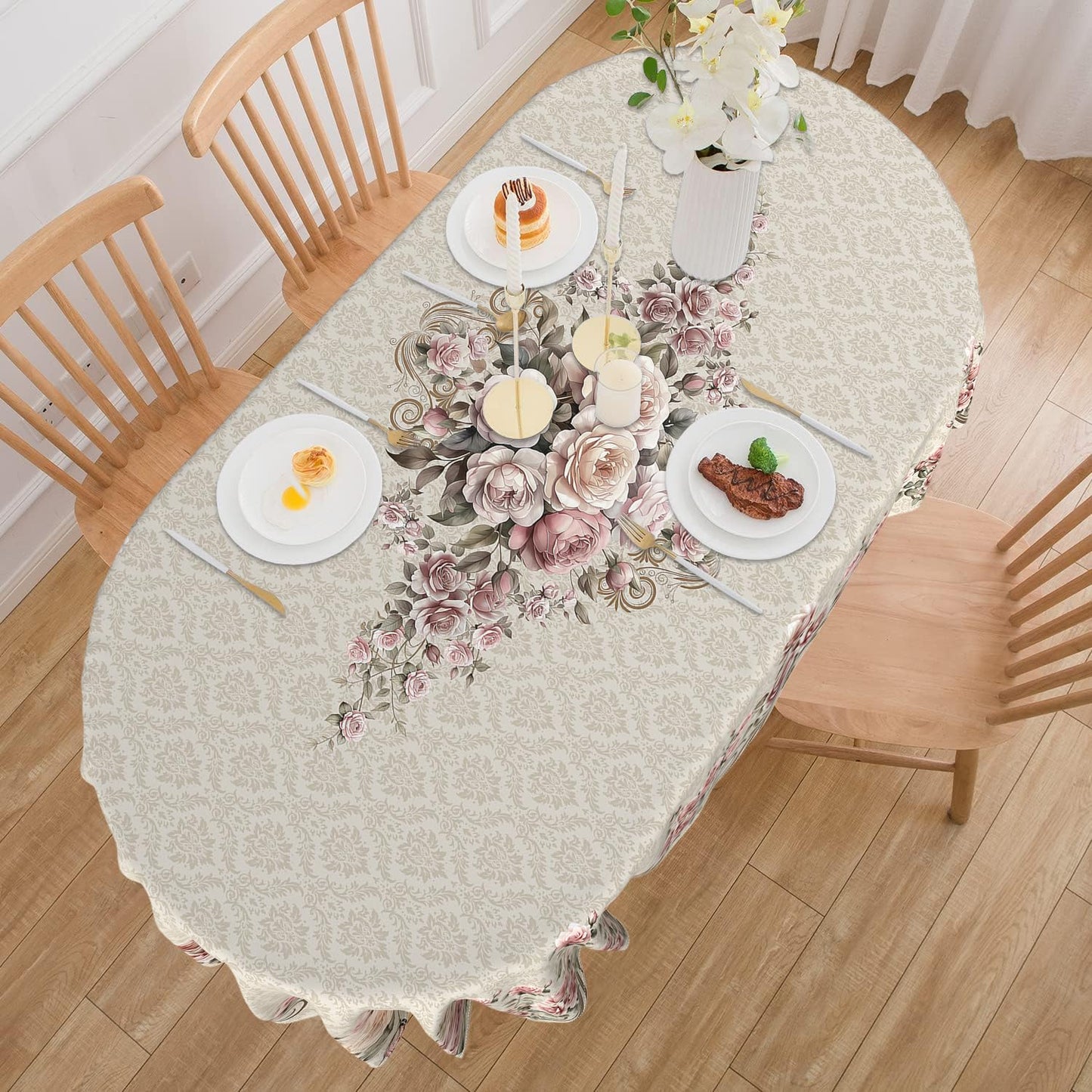 Faptoena Oval Floral Tablecloth 60×84 inch Rose Gold Table Cloth Modern Minimalist Style Decorations for Dining Room Coffee Table Outdoor Picnic