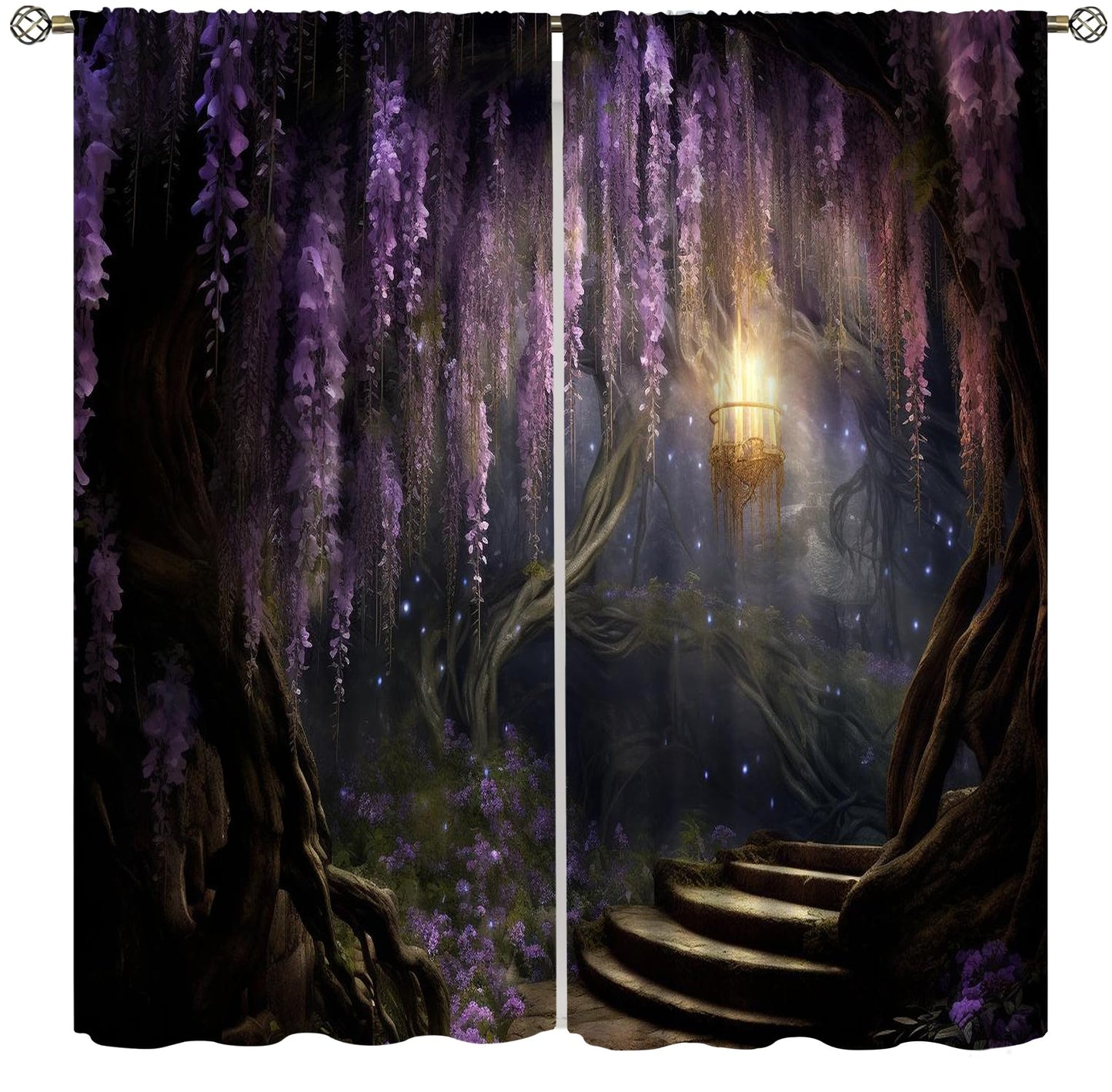 DKMQQUL Fantasy Forest Curtains, Enchanted Wonderland Purple Wisteria Flower Lanterns Nature Scenery Window Treatment for Living Room Office Bedroom Kitchen Drapes, 42x45 Inch