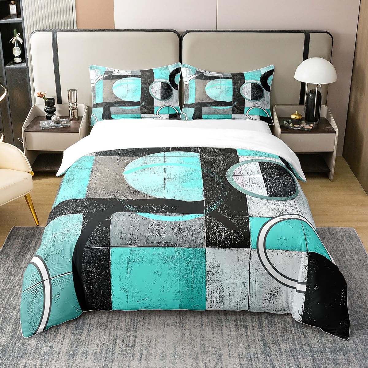 jejeloiu Shallow Green Circle Duvet Cover 100% Cotton King Size Kids Abstract Geometric Comforter Cover for Boys Girls Teens Stripe Line Bedding Set Breathable Soft Room Decor
