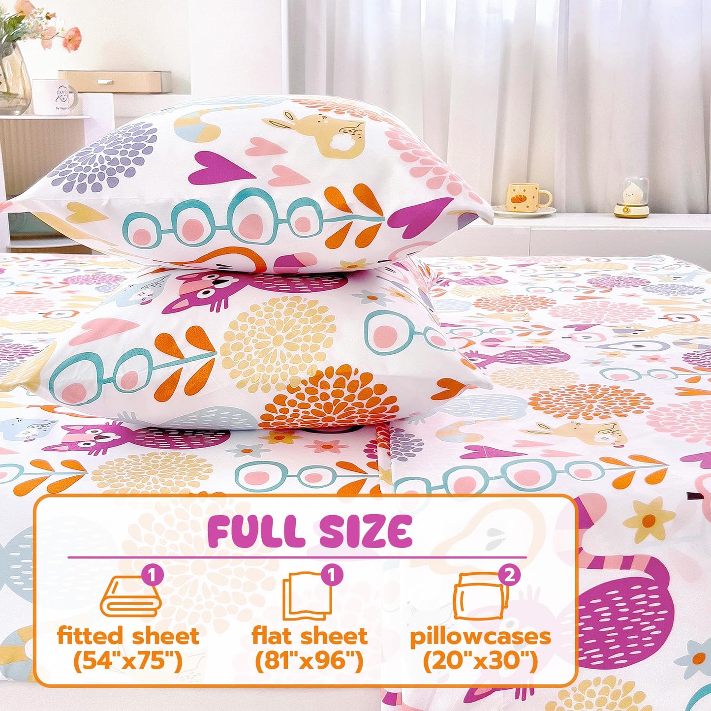 Homilay Full Sheet Set Kids - Kitty 4 Pieces Soft Microfiber Cartoon Style Bedsheets for Boys Girls Teens, Oeko TEX Breathable 15 Inch Deep Pocket Sheets(2D World Cat)