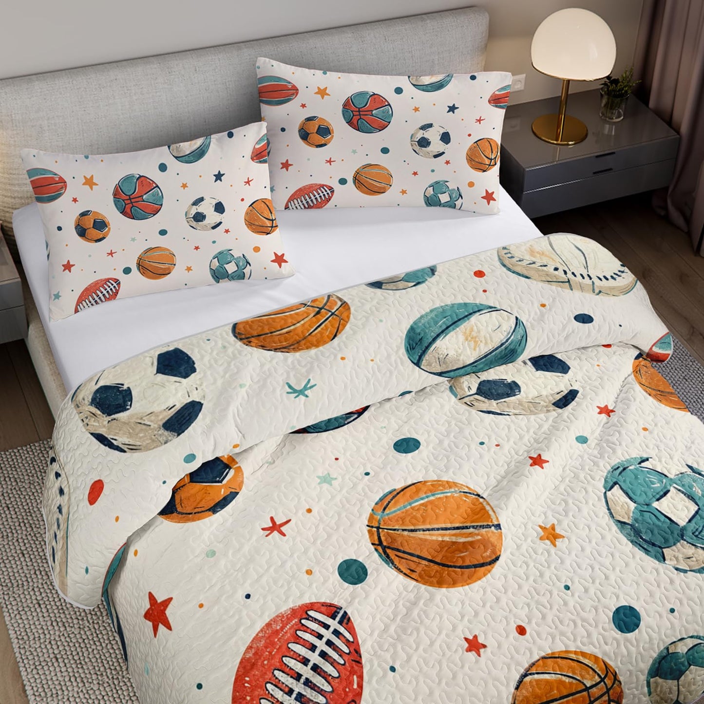 AILONEN Full Quilted Comforter 3-Piece Value Set, Sketchy Athletic Bedspread Coverlet with 2 Pillowcases, Breathable Football All-Star Bedding for Teens Boys Guest Apartment Indigo Stars