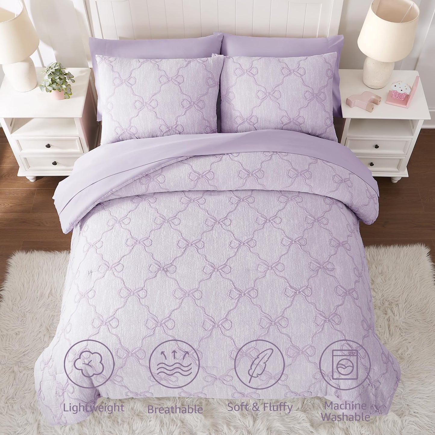 Wink Deer Twin Comforter Set with Sheets for Girls-5 Pieces Twin Bedding Sets with Light Purple Comforter, Sheets, Pillowcase & Sham for Kids (Purple Diamond, 66" X 86")