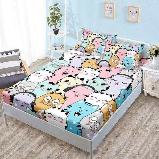 HOSIMA Cute Cat Fitted Sheet Queen Size,Cartoon Colorful Pet Cat Print Preppy Bedding with 2 Pillowcases,Kawaii Toddler Bedding Sets for Girls Boys,Animal Themed Fitted Sheet for Room Decor Aesthetic.