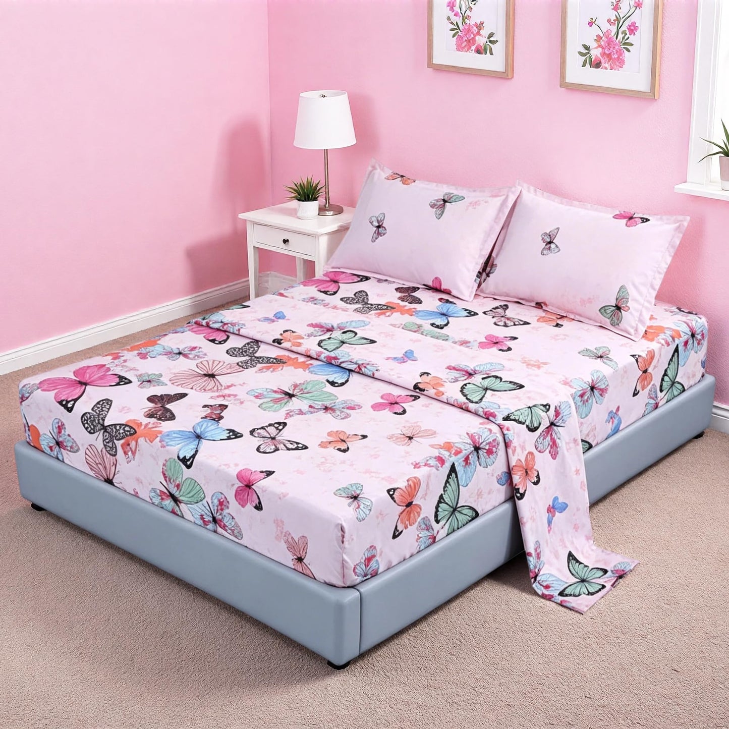 MAG 4Pcs Pink Microfiber Butterfly Queen Bed Sheet Set,Butterfly Bedding Set,1 Flat1 Fitted Sheet with 2 Pillowcase, 14” Deep.