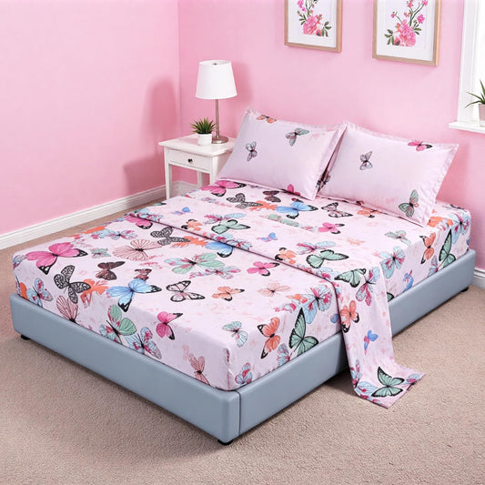 MAG 4Pcs Pink Microfiber Butterfly Queen Bed Sheet Set,Butterfly Bedding Set,1 Flat1 Fitted Sheet with 2 Pillowcase, 14” Deep.