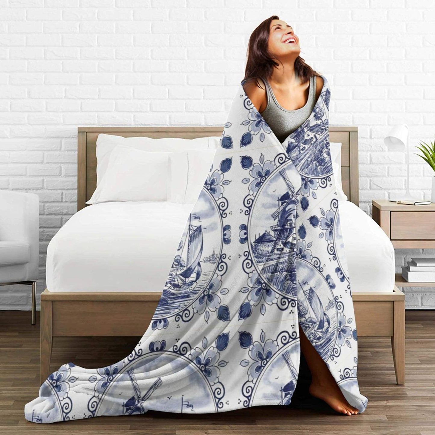 Nederland Cute Vintage Dutch Windmill Delft Blue Blanket Super Soft Flannel Blanket Comfy Cozy Throw Blanket Couch Lightweight Blankets for Living Room Bedroom 80"x60"