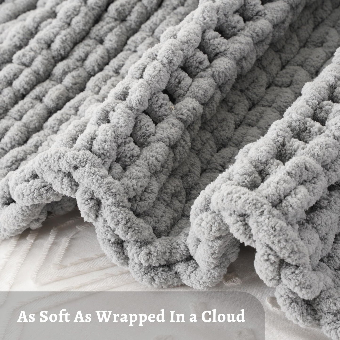 Battilo Chunky Knit Throw Blanket, Soft and Thick Chenille Throw Blanket, 50"x60" Handmade Cable Knit Crochet Blanket, Light Grey Knot Knitted Throw Blankets for Couch Sofa Bed Home Decor, Light Grey
