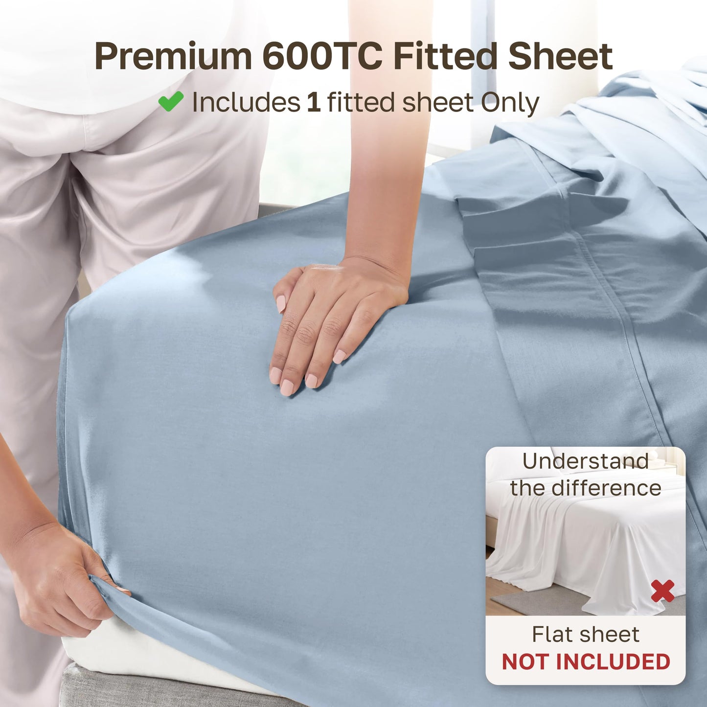 California Design Den Queen Size Fitted Sheet Only - 100% Cotton, 600 Thread Count, Soft Deep Pocket Bottom Fitted Sheet, Sateen Weave, Premium-Feel Bedding, Featuring Foot Side Indicator - Blue