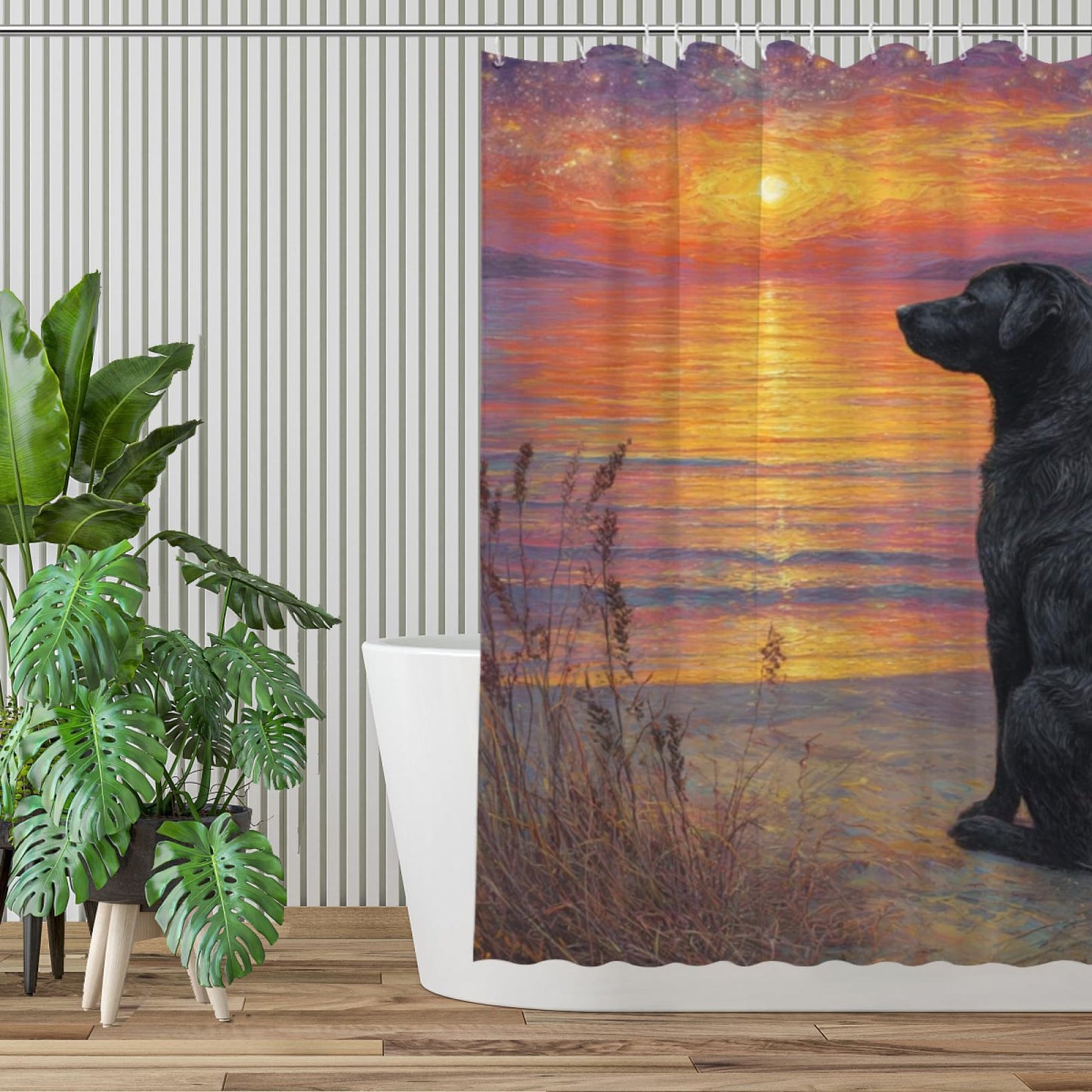 Wordatu Black Labrador Dog Shower Curtain on Sunset Sunrise Beach Seascape Art Shower Curtain Set, Nautical Ocean Bath Accessories Coastal Seaside Bathroom Decor 72x72 Inches