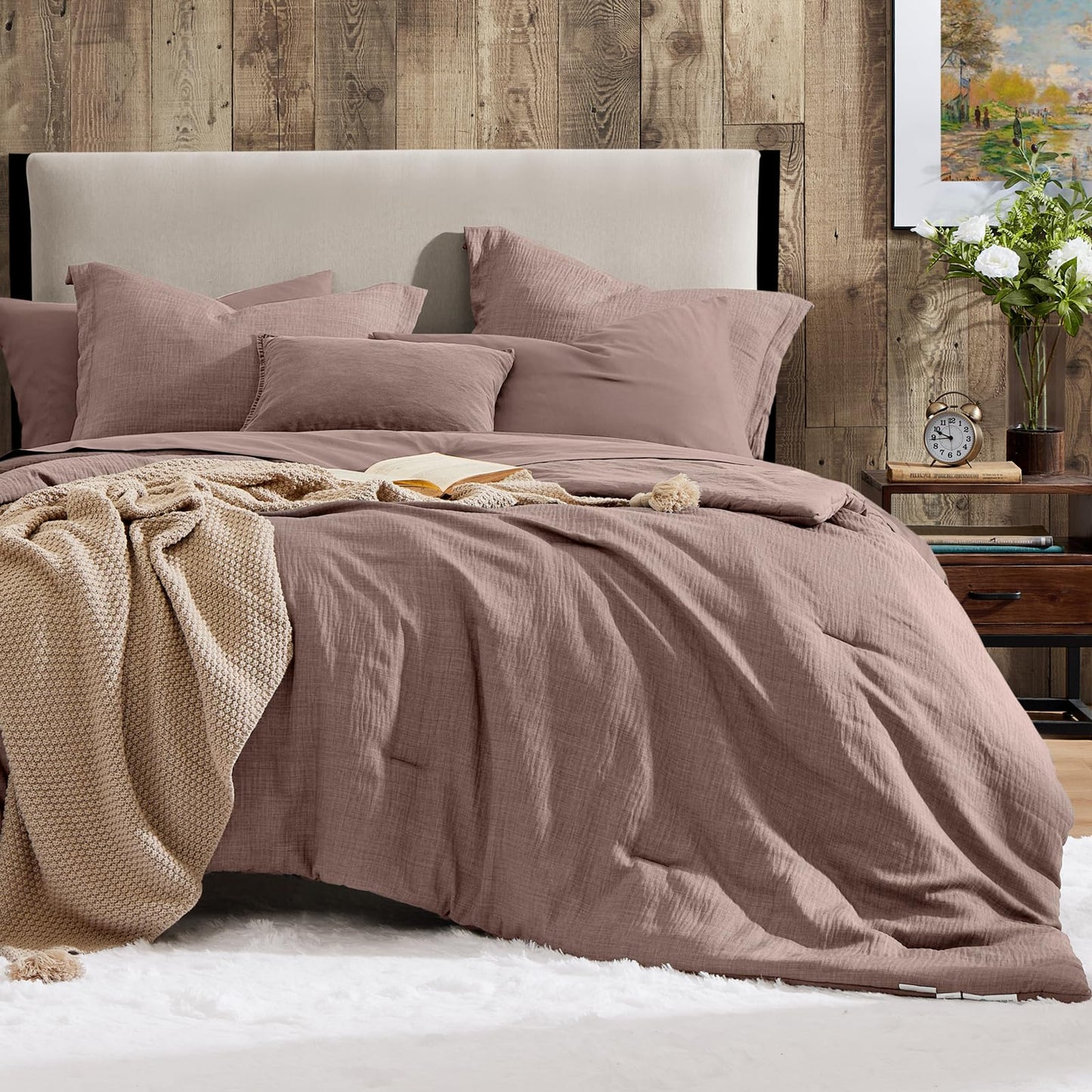 Geniospin Queen Comforter Set - 7 Pieces Comforter Queen Size, Soft Solid Bedding Set for All Season, Textured Bed in a Bag with Sheets, Pillowcases & Shams (Misty Rose, 90''x90'')